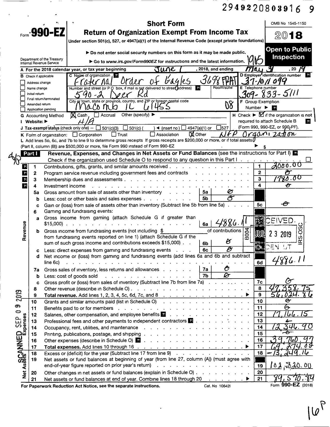 Image of first page of 2018 Form 990EO for Fraternal Order of Eagles - 3698 Aerie