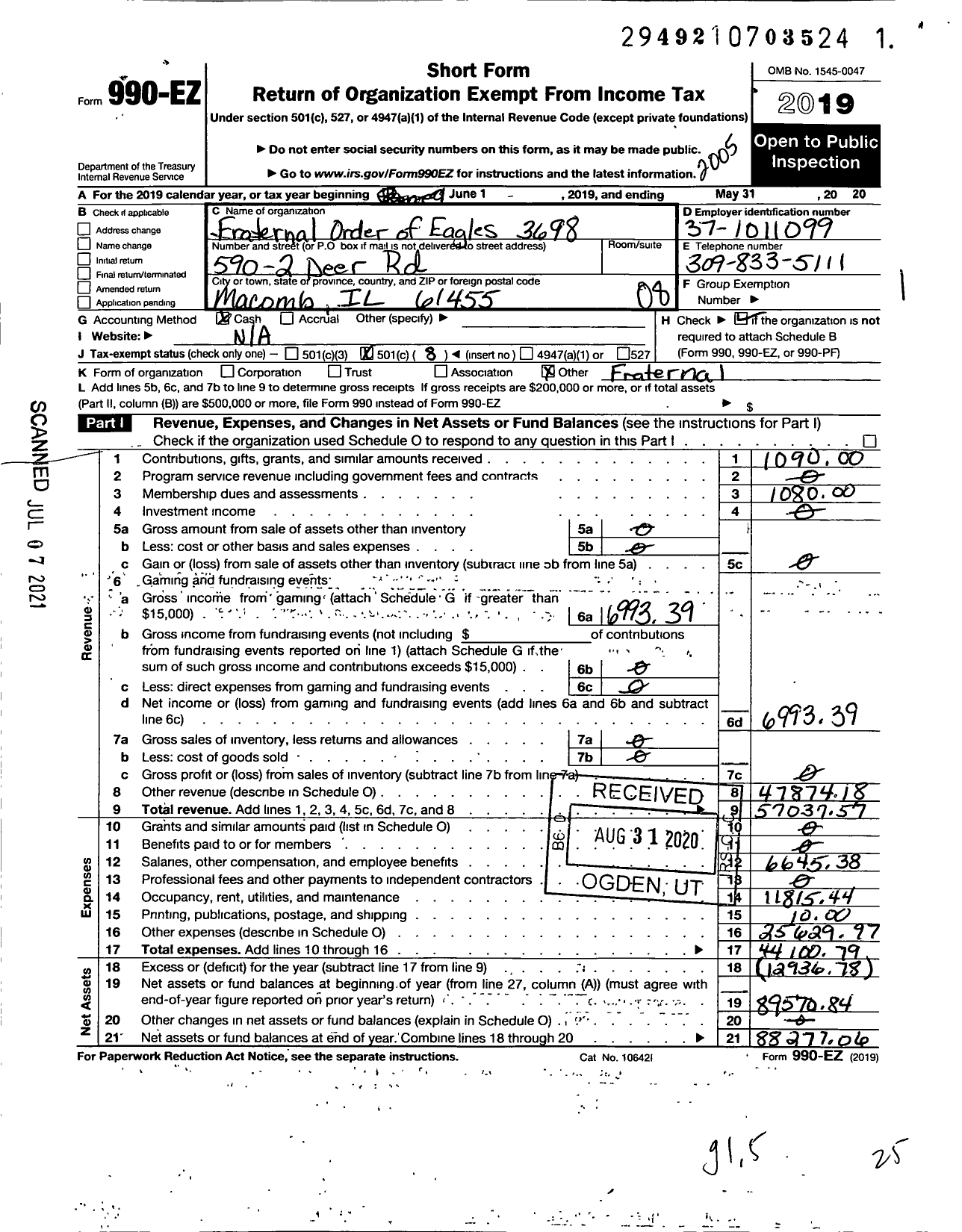 Image of first page of 2019 Form 990EO for Fraternal Order of Eagles - 3698 Aerie