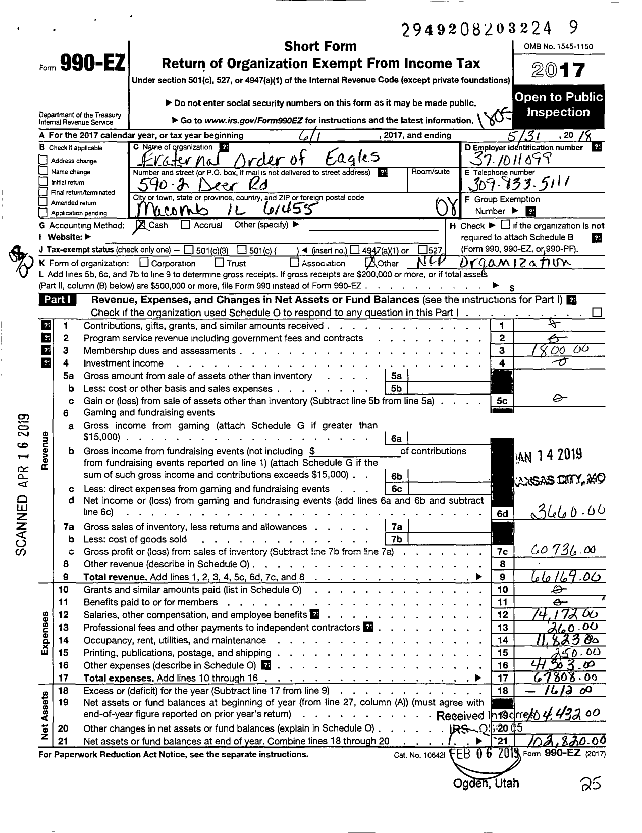 Image of first page of 2017 Form 990EO for Fraternal Order of Eagles - 3698 Aerie