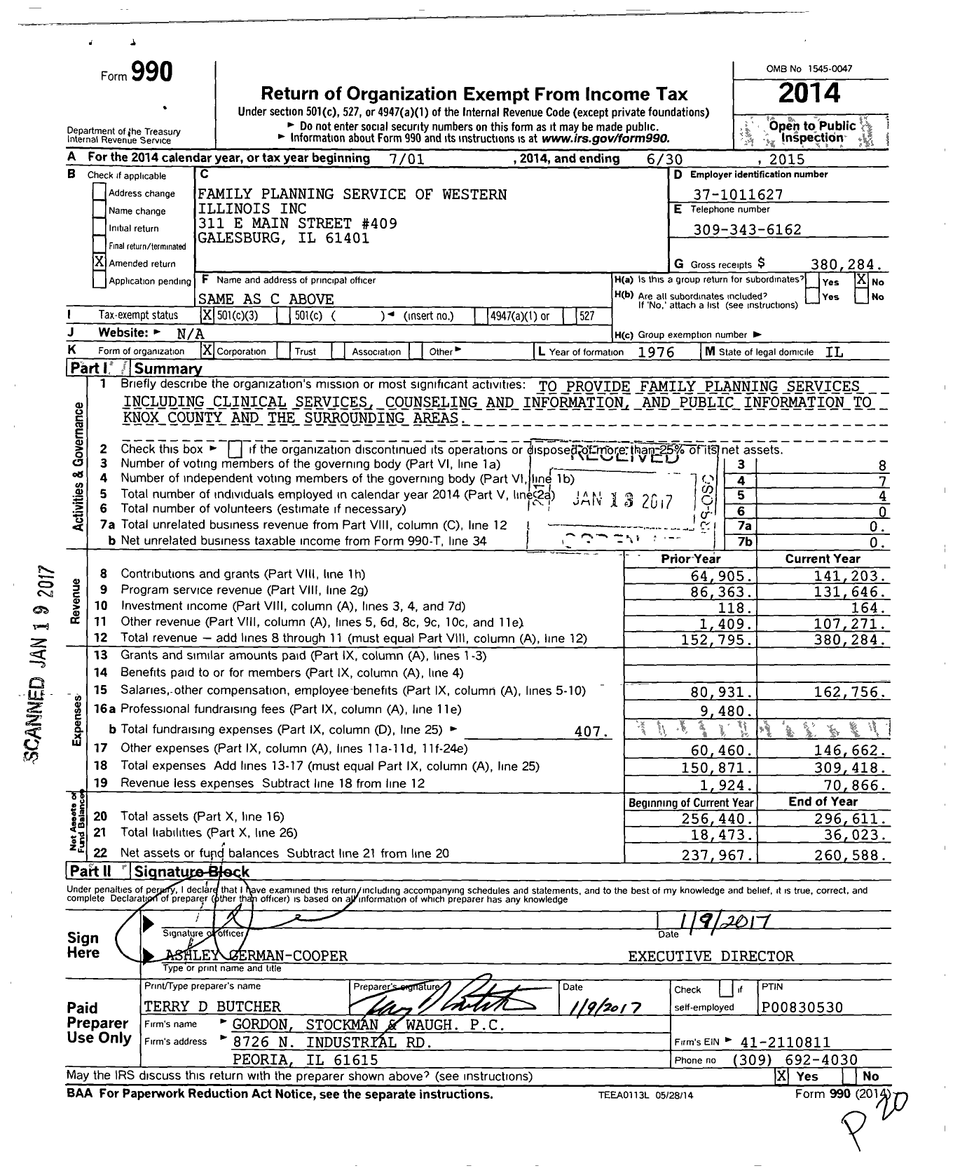 Image of first page of 2014 Form 990 for Family Planning Service of Western Illinois