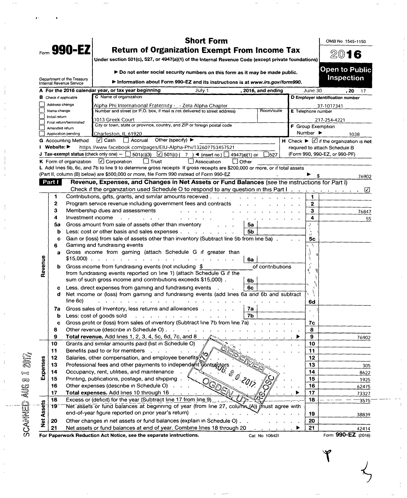 Image of first page of 2016 Form 990EO for Alpha Phi - Zeta Alpha - Eastern Ill Univ