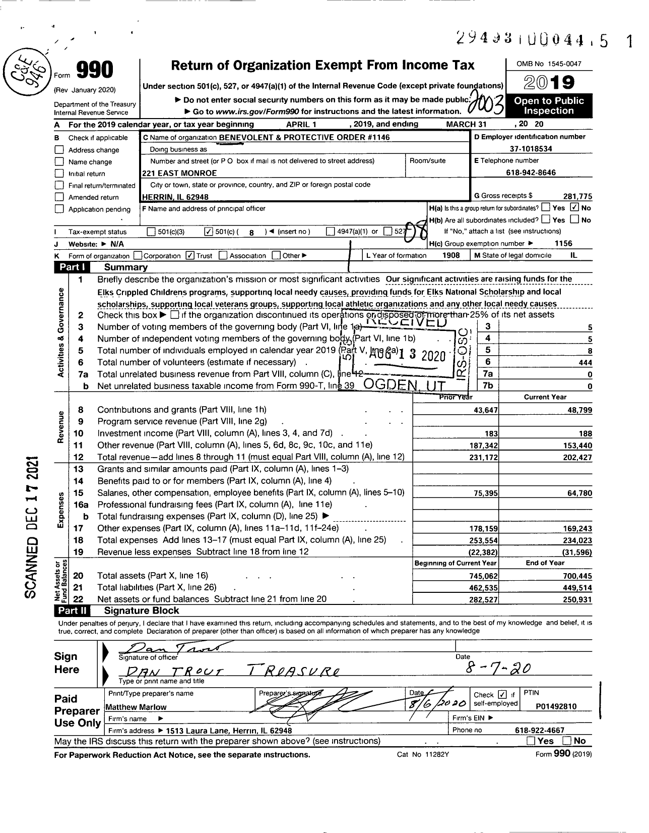 Image of first page of 2019 Form 990O for Benevolent and Protective Order of Elks - Herrin Elks #1146