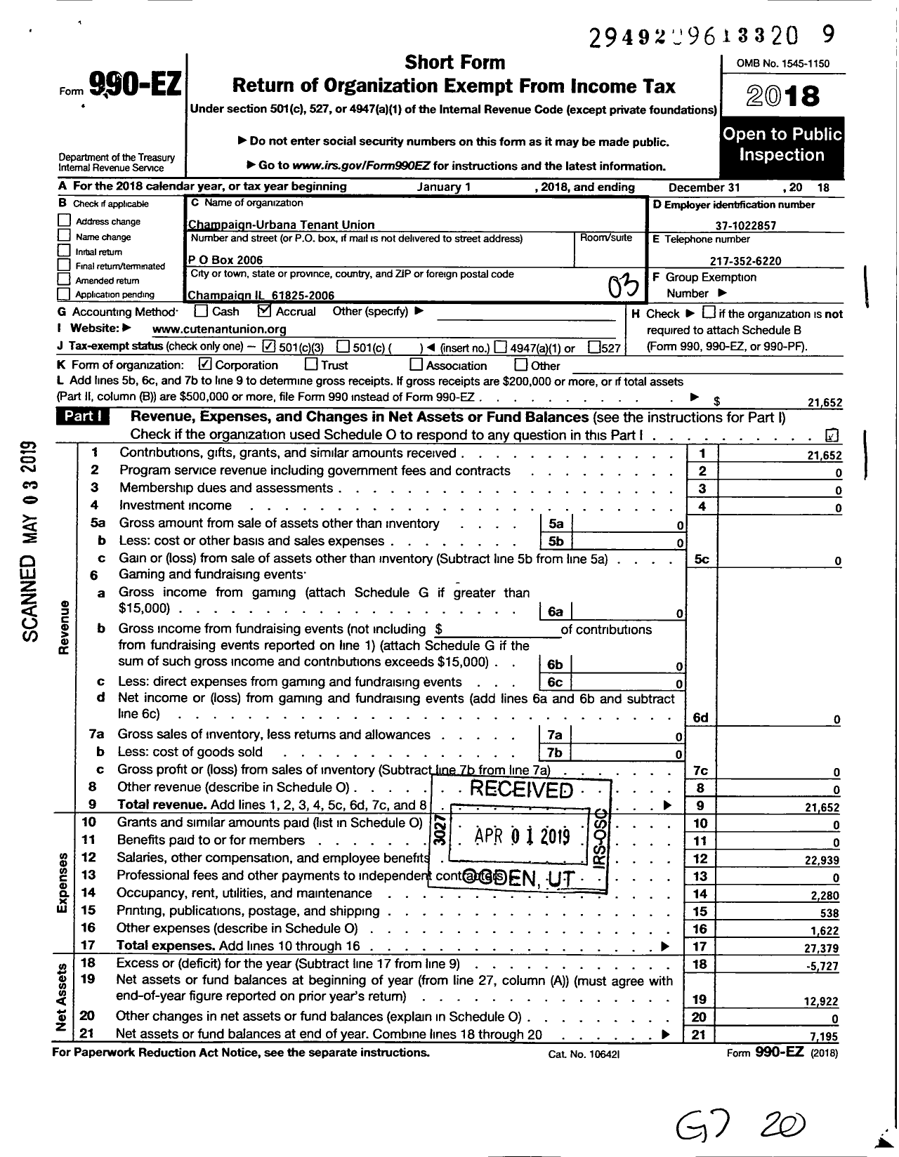 Image of first page of 2018 Form 990EZ for Champaign Urbana Tenant Union