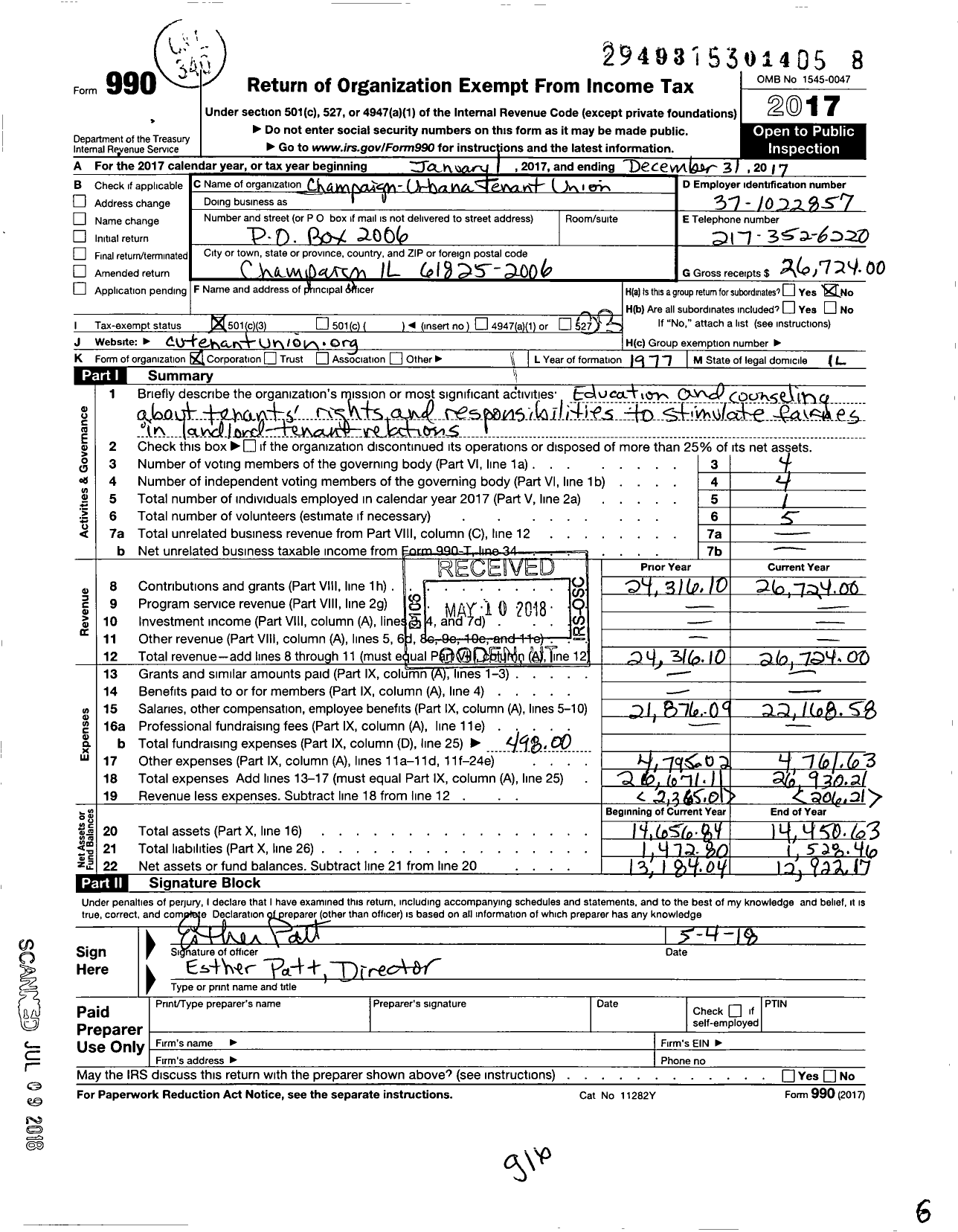 Image of first page of 2017 Form 990 for Champaign Urbana Tenant Union