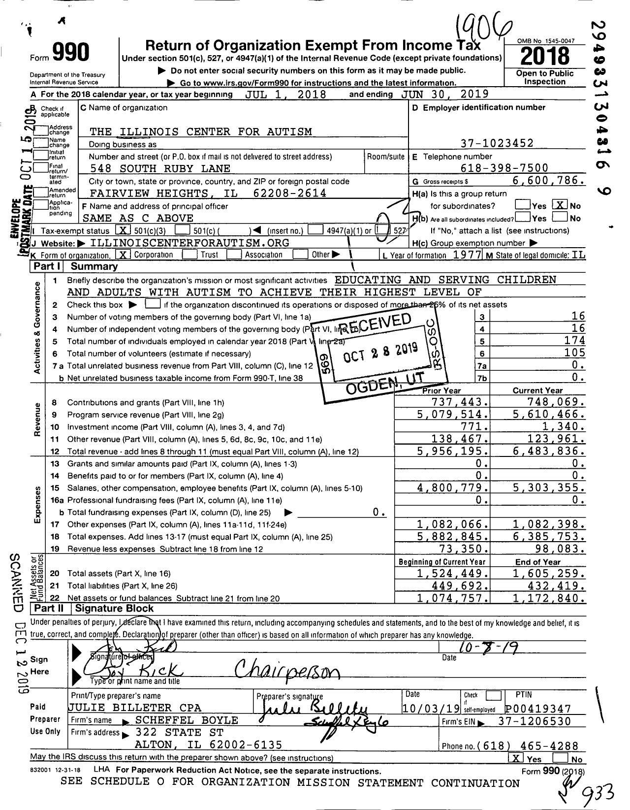 Image of first page of 2018 Form 990 for Illinois Center for Autism (ICA)