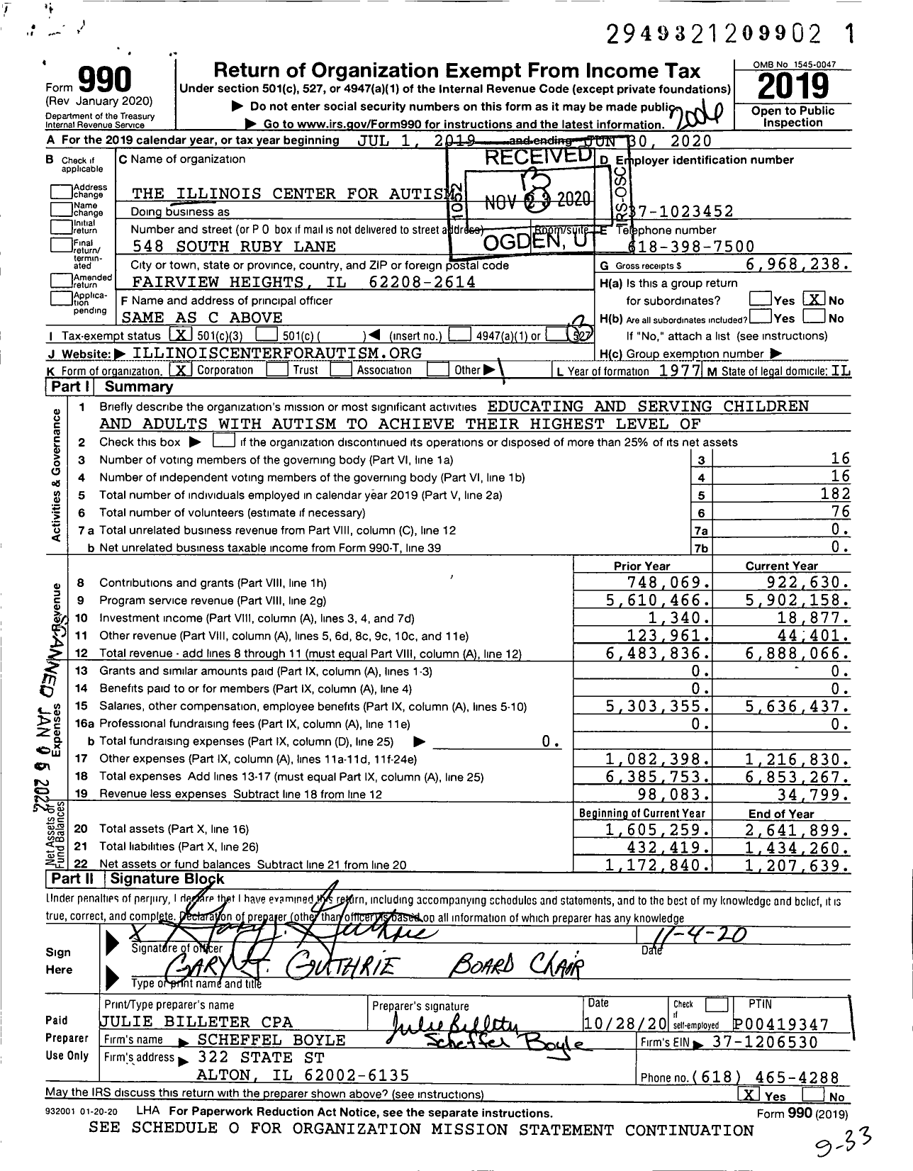 Image of first page of 2019 Form 990 for Illinois Center for Autism (ICA)