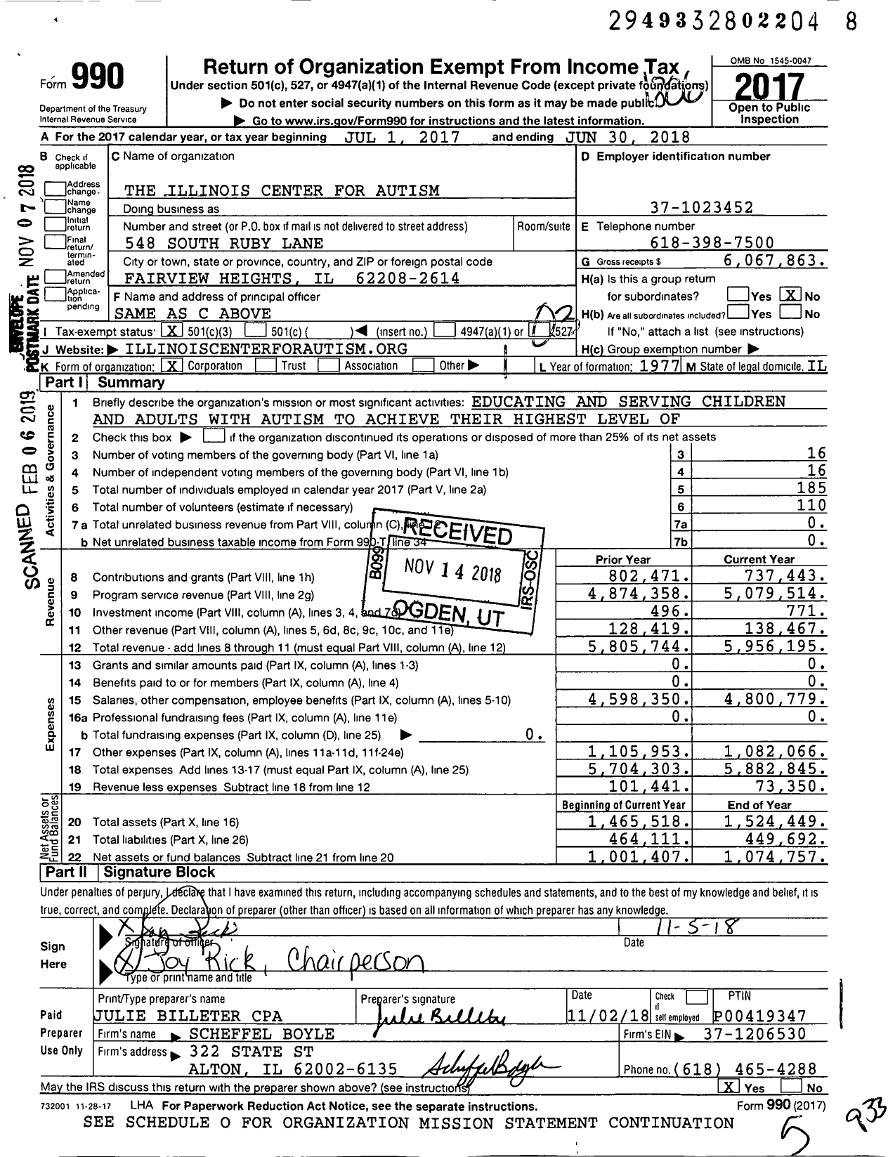 Image of first page of 2017 Form 990 for Illinois Center for Autism (ICA)