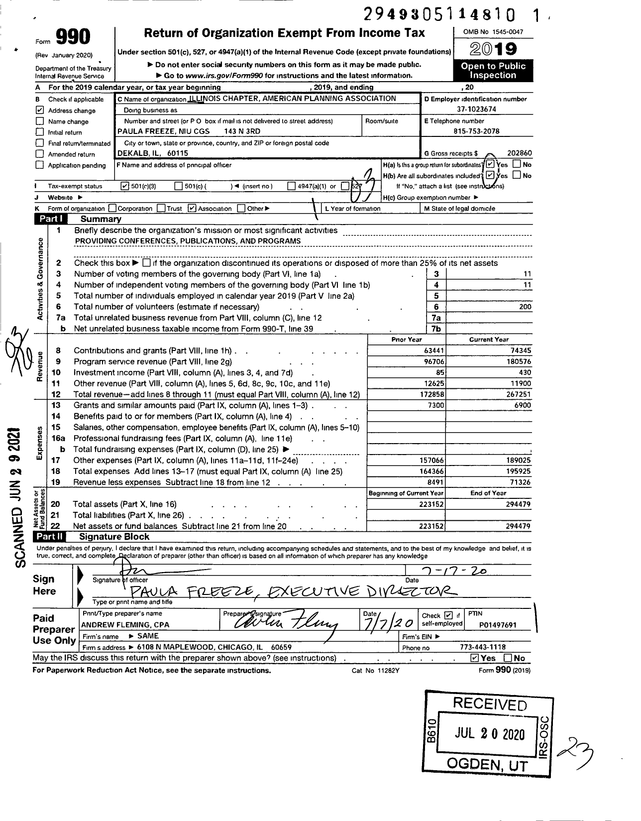 Image of first page of 2019 Form 990 for American Planning Association - 21 Illinois Chapter