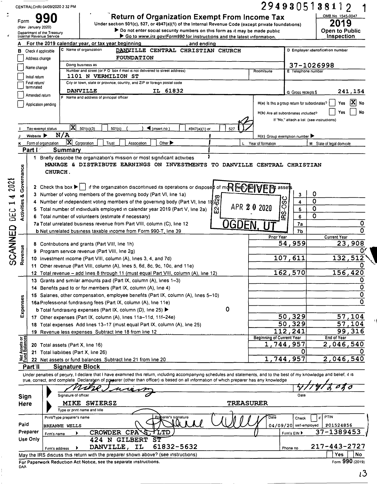 Image of first page of 2019 Form 990 for Danville Central Christian Church Foundation