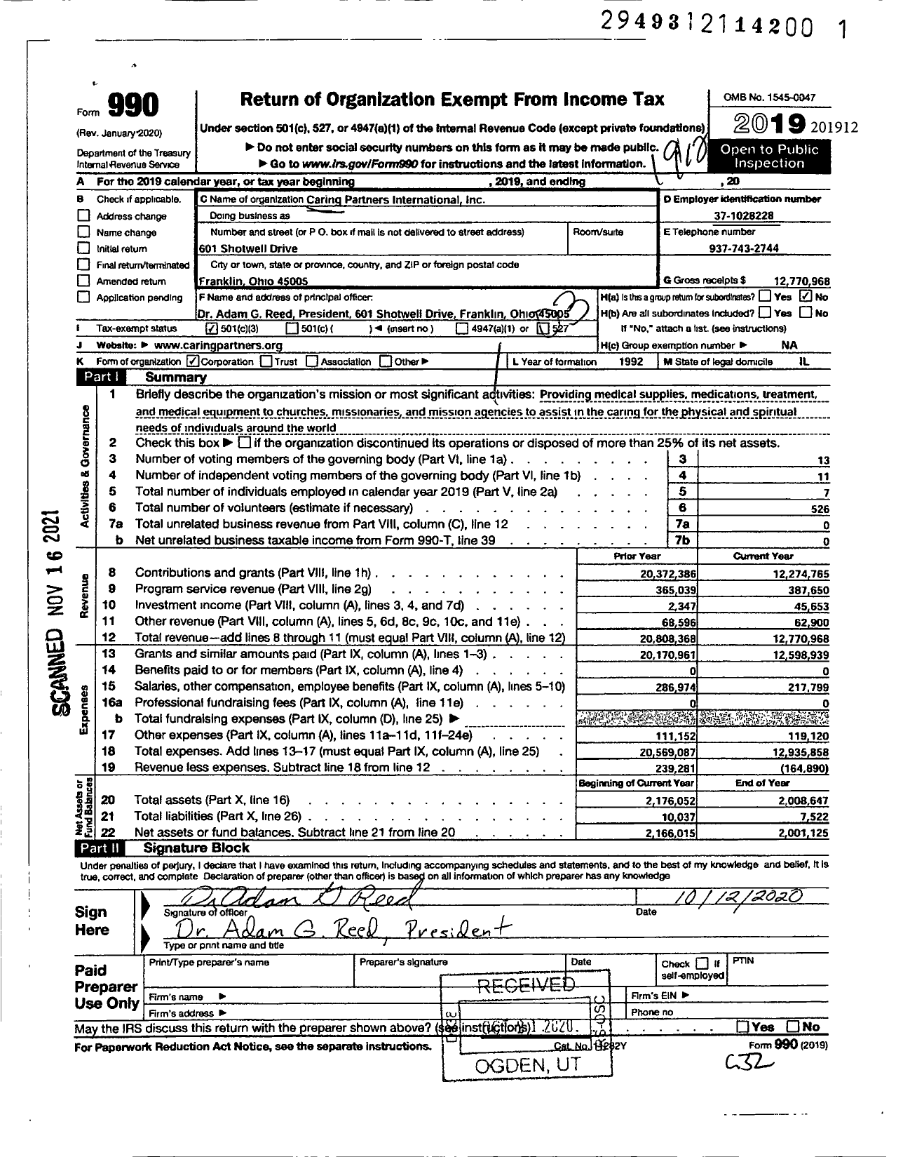Image of first page of 2019 Form 990 for Caring Partners International