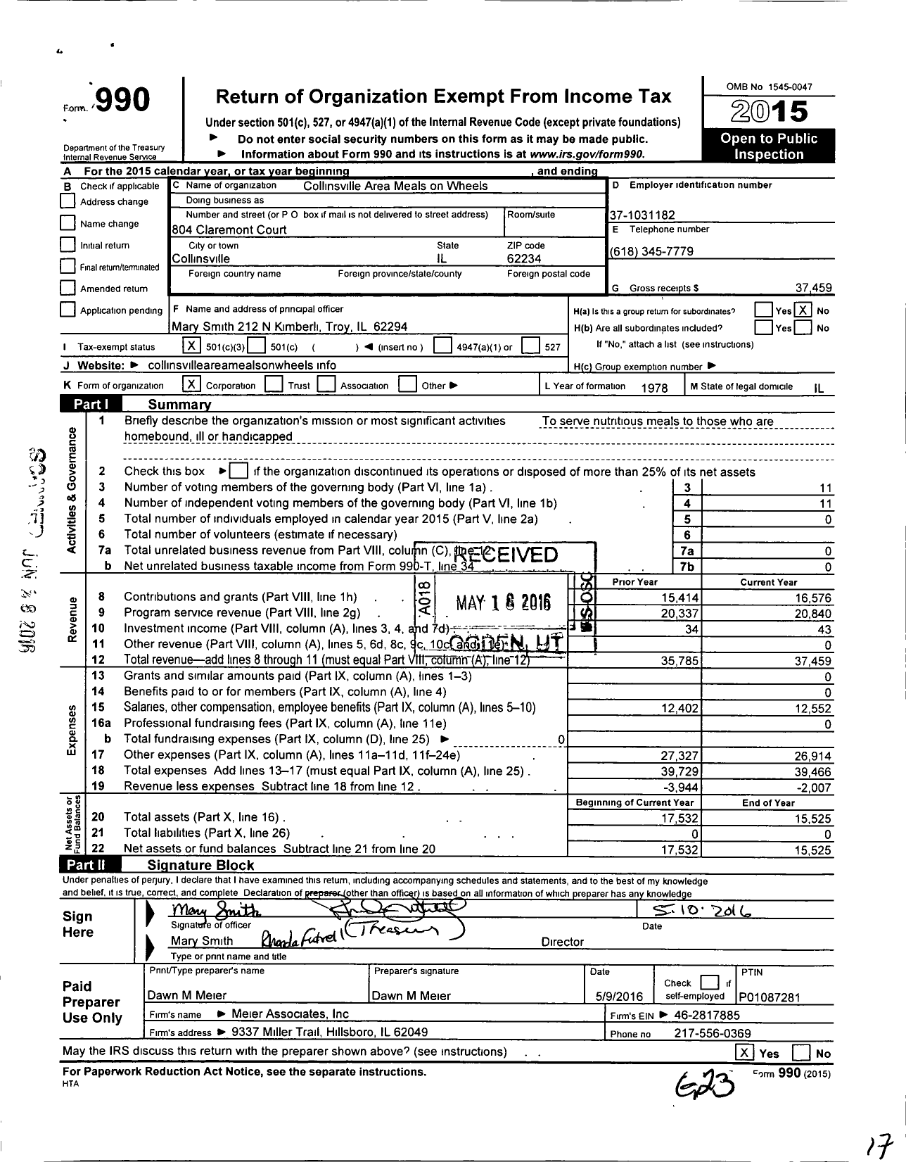 Image of first page of 2015 Form 990 for Collinsville Area Meals on Wheels