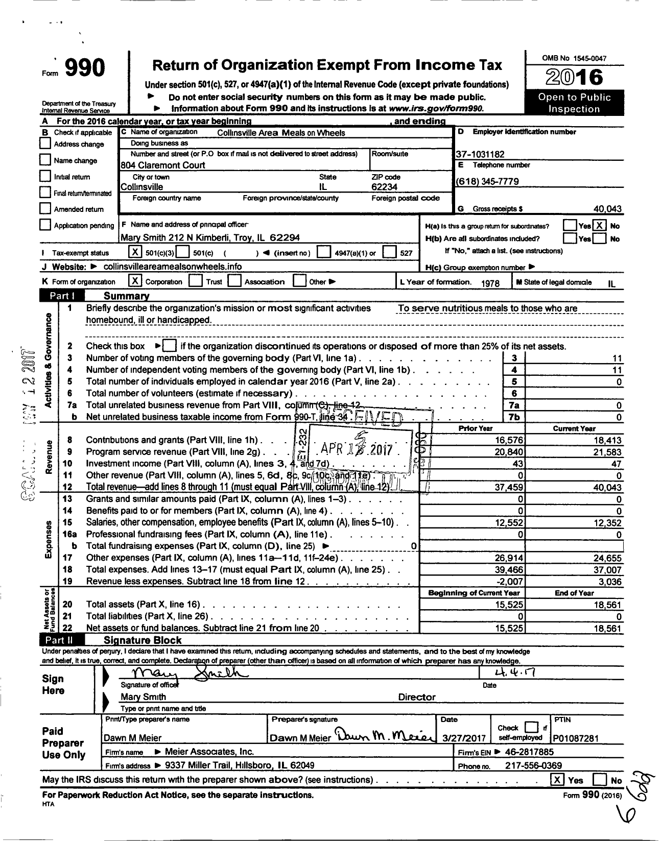 Image of first page of 2016 Form 990 for Collinsville Area Meals on Wheels