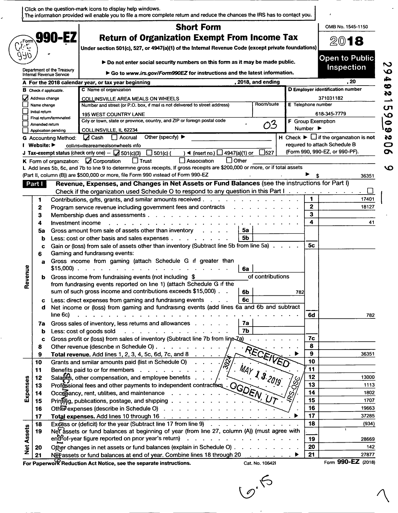 Image of first page of 2018 Form 990EZ for Collinsville Area Meals on Wheels