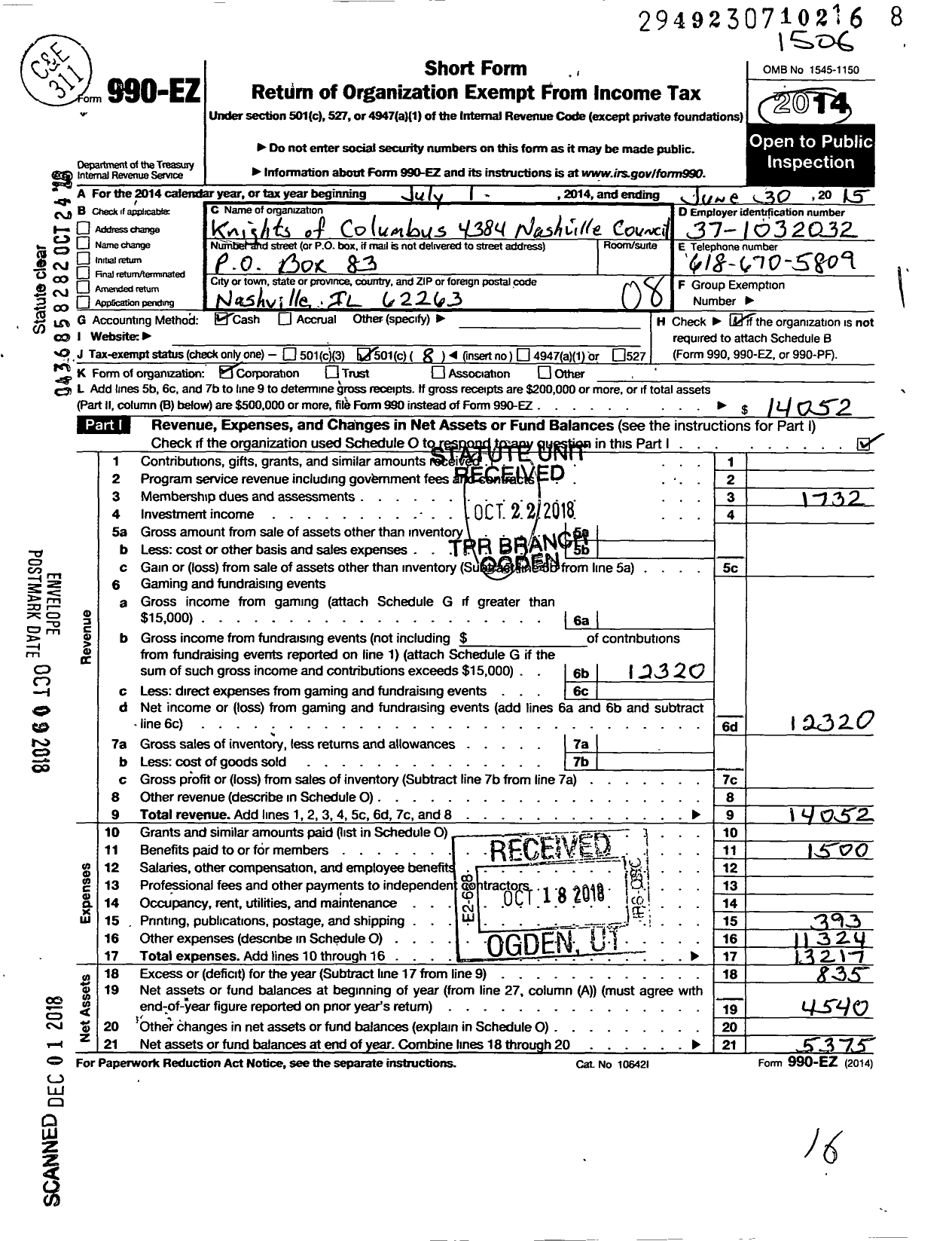 Image of first page of 2014 Form 990EO for Knights of Columbus Nashville Council 4384