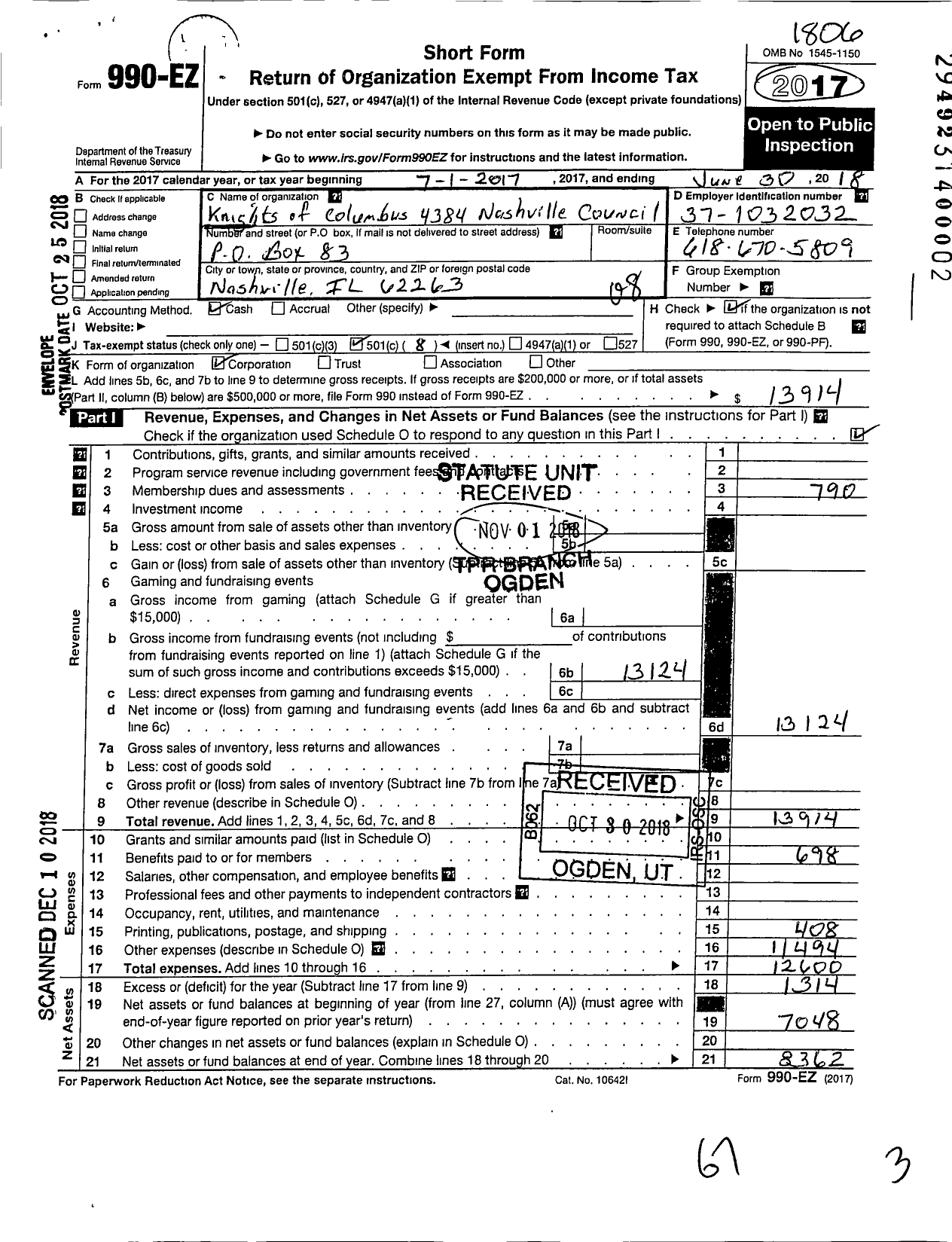 Image of first page of 2017 Form 990EO for Knights of Columbus Nashville Council 4384