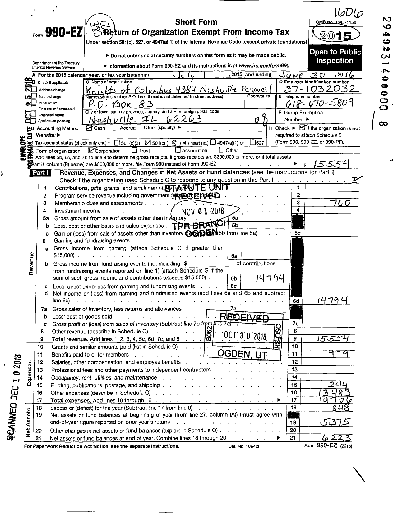 Image of first page of 2015 Form 990EO for Knights of Columbus Nashville Council 4384