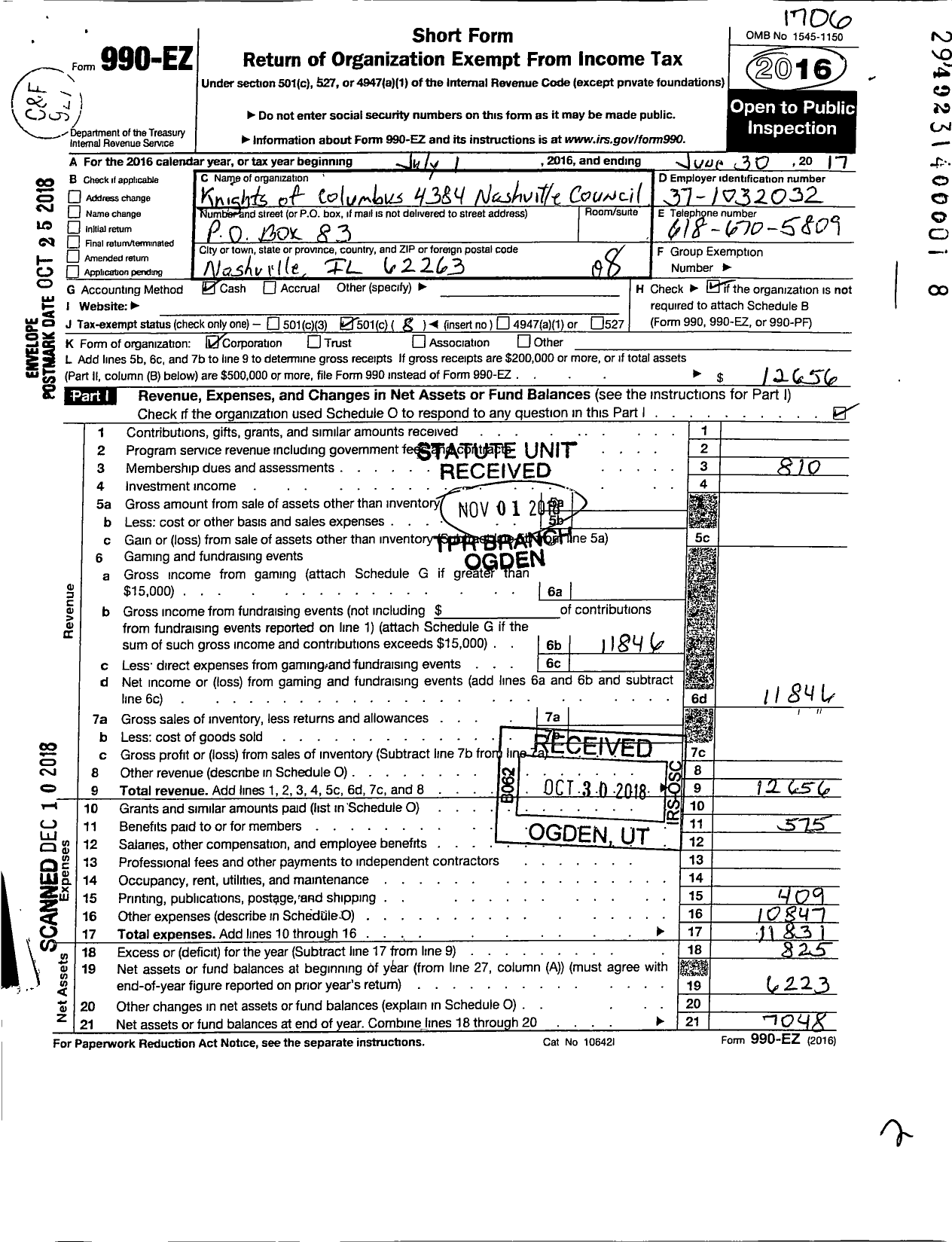 Image of first page of 2016 Form 990EO for Knights of Columbus Nashville Council 4384