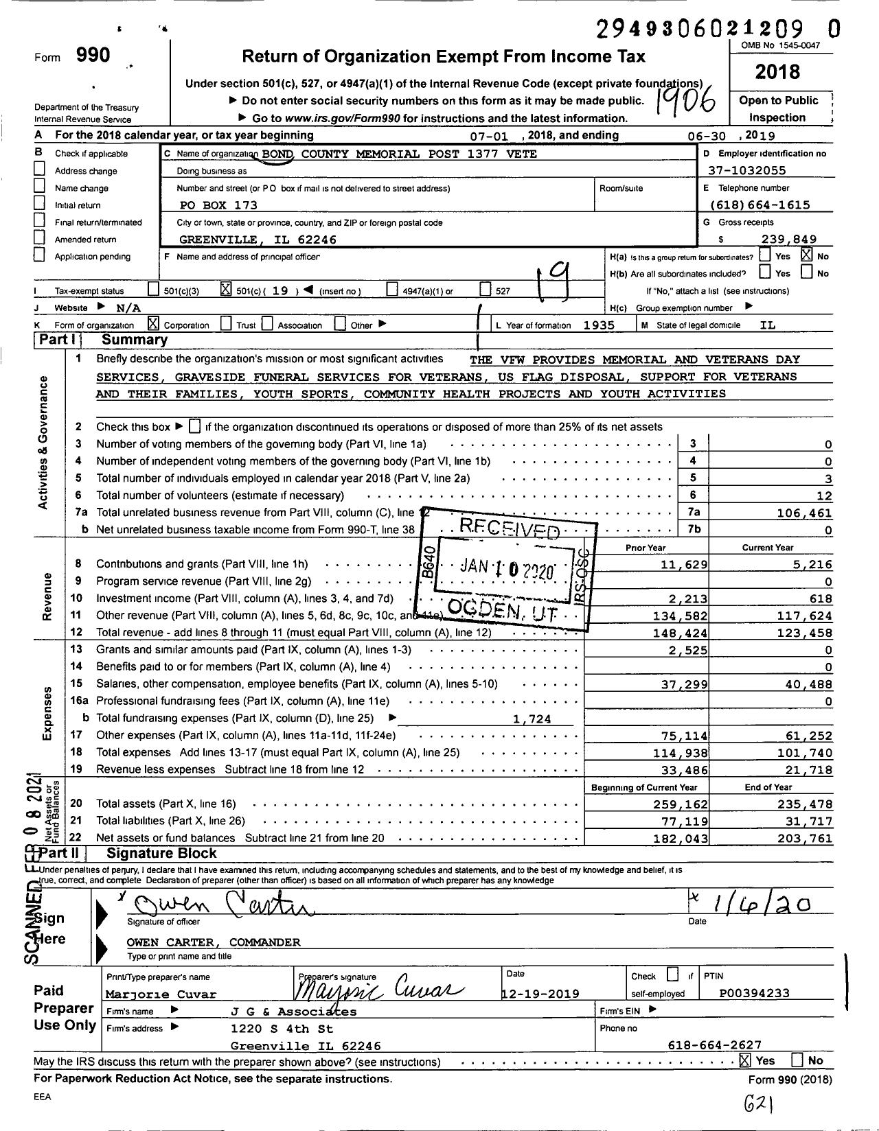 Image of first page of 2018 Form 990O for VFW Dept of Illinois - 1377 Bond County Memorial Post