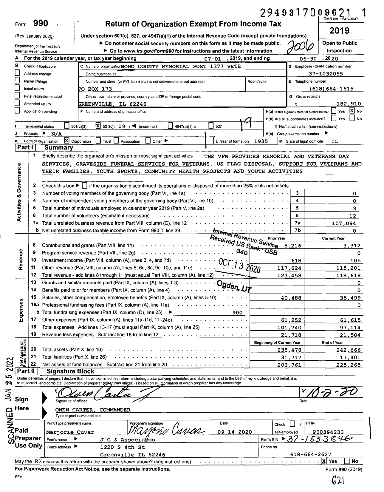 Image of first page of 2019 Form 990O for VFW Dept of Illinois - 1377 Bond County Memorial Post