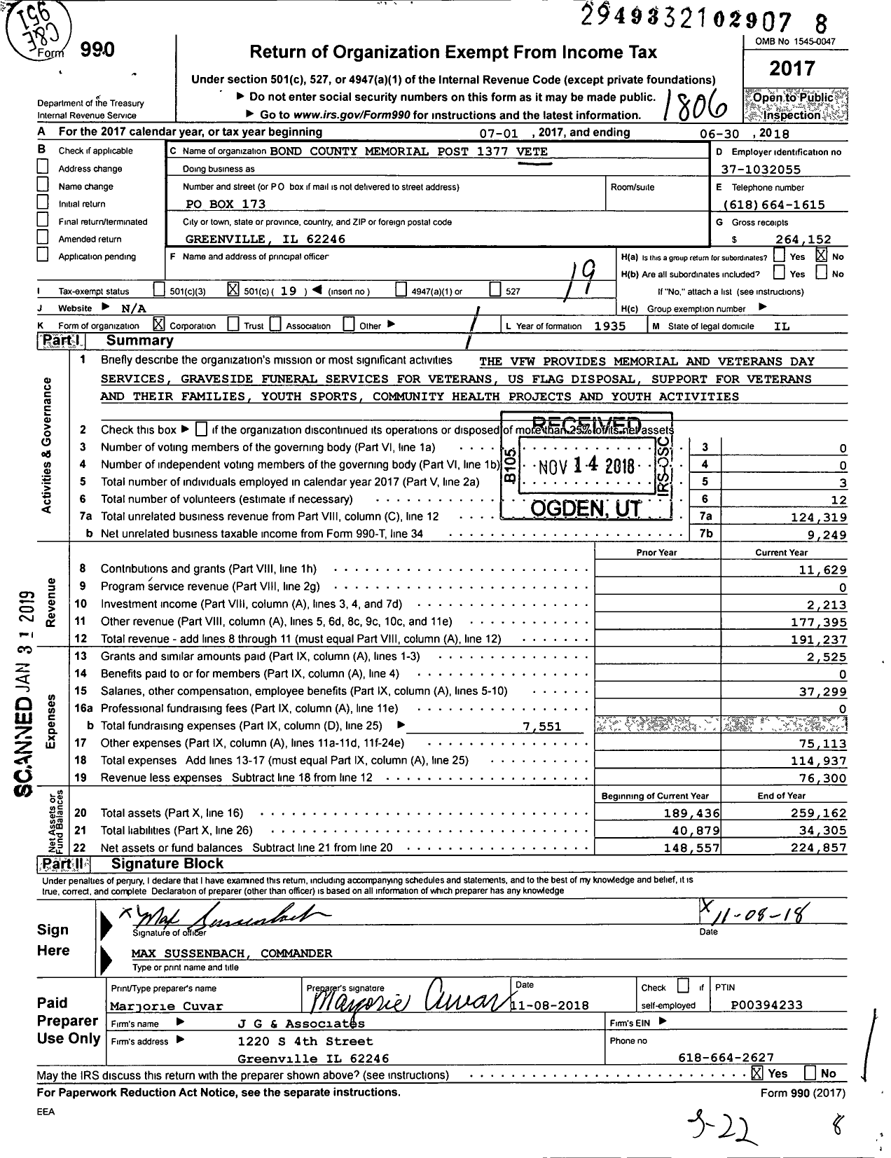 Image of first page of 2017 Form 990O for VFW Dept of Illinois - 1377 Bond County Memorial Post