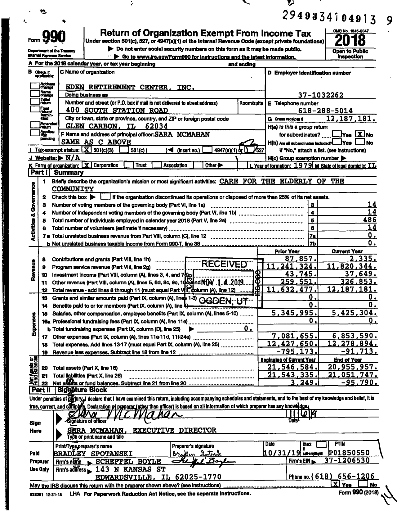 Image of first page of 2018 Form 990 for Eden Village Retirement Center
