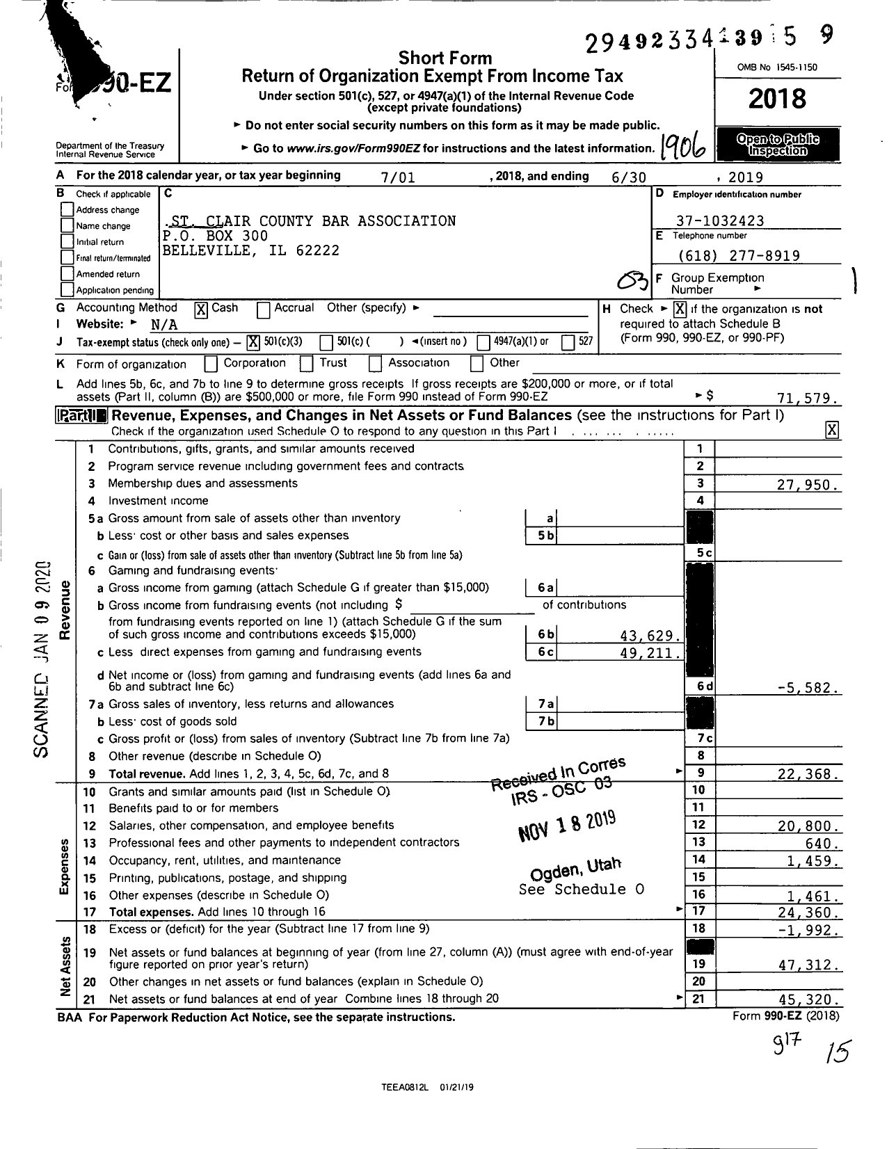 Image of first page of 2018 Form 990EZ for St Clair County Bar Association