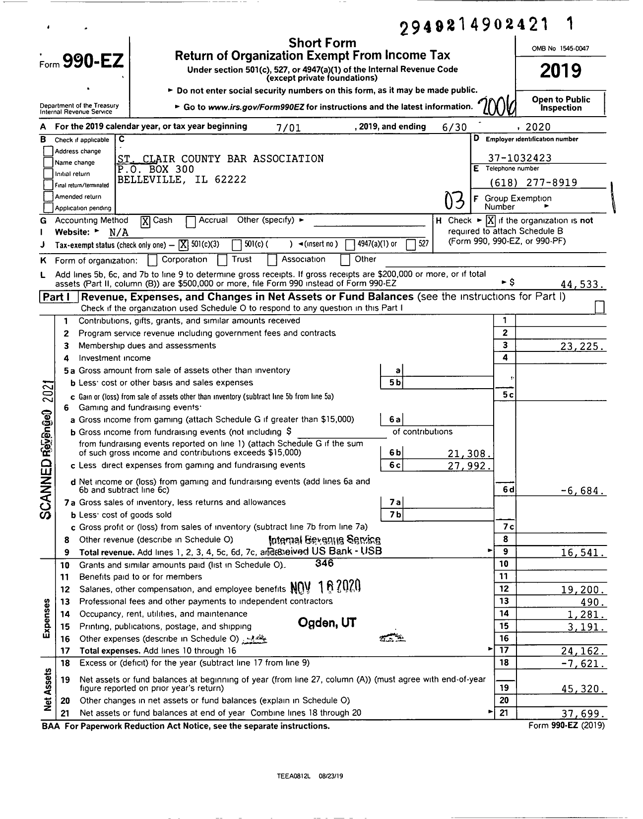 Image of first page of 2019 Form 990EZ for St Clair County Bar Association