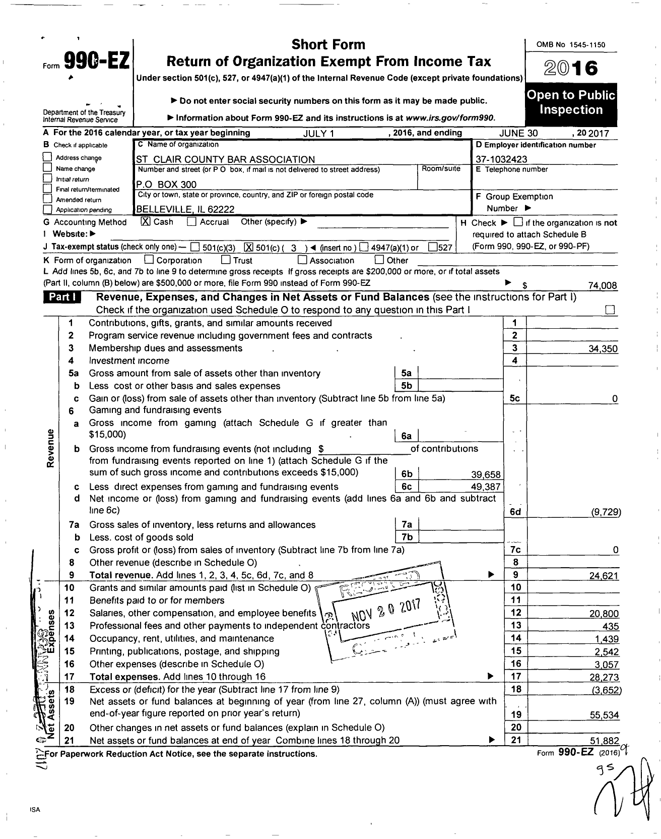 Image of first page of 2016 Form 990EZ for St Clair County Bar Association