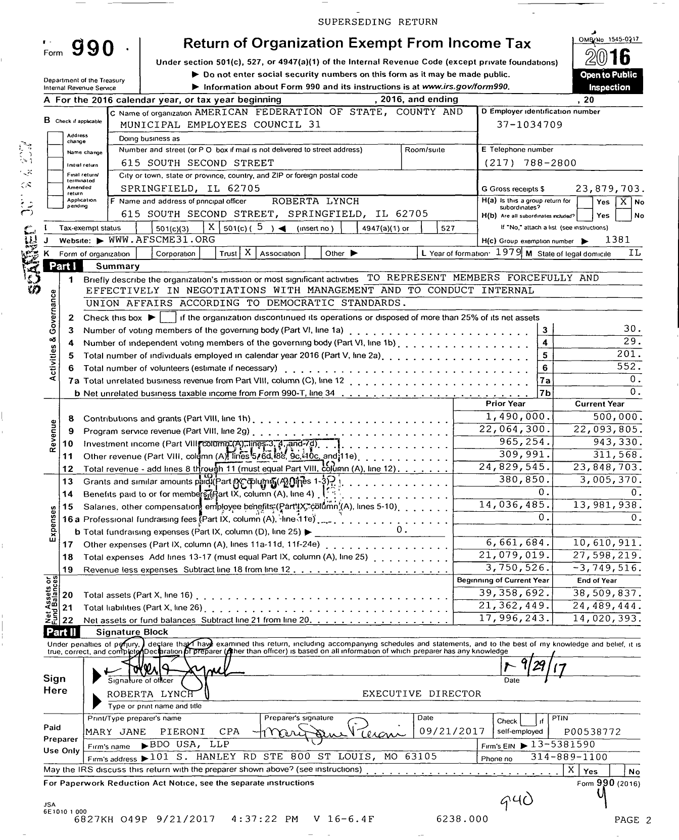 Image of first page of 2016 Form 990O for American Federation of State County & Municipal Employees - C0031il Ill Pub Employees Council