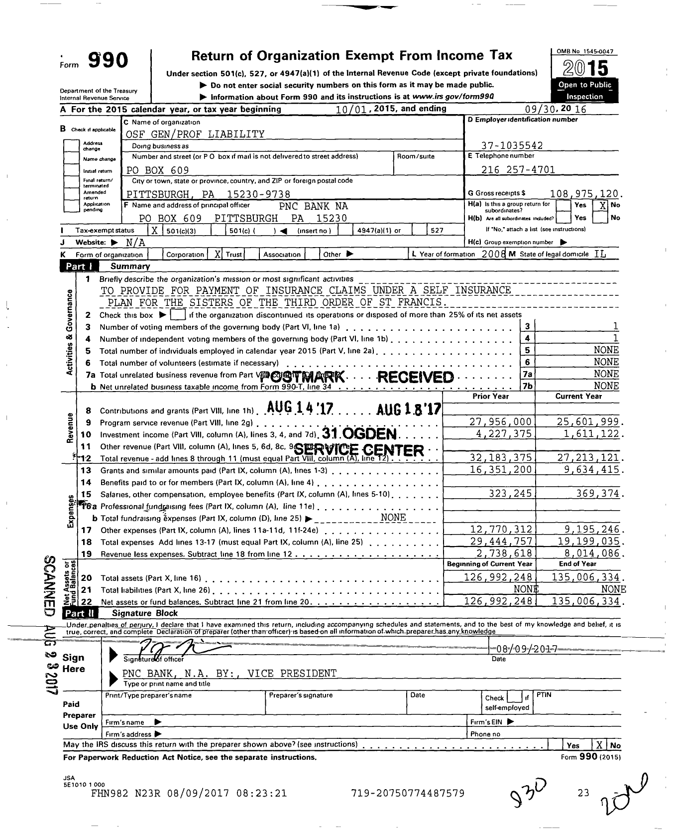 Image of first page of 2015 Form 990 for OSF Genprof Liability