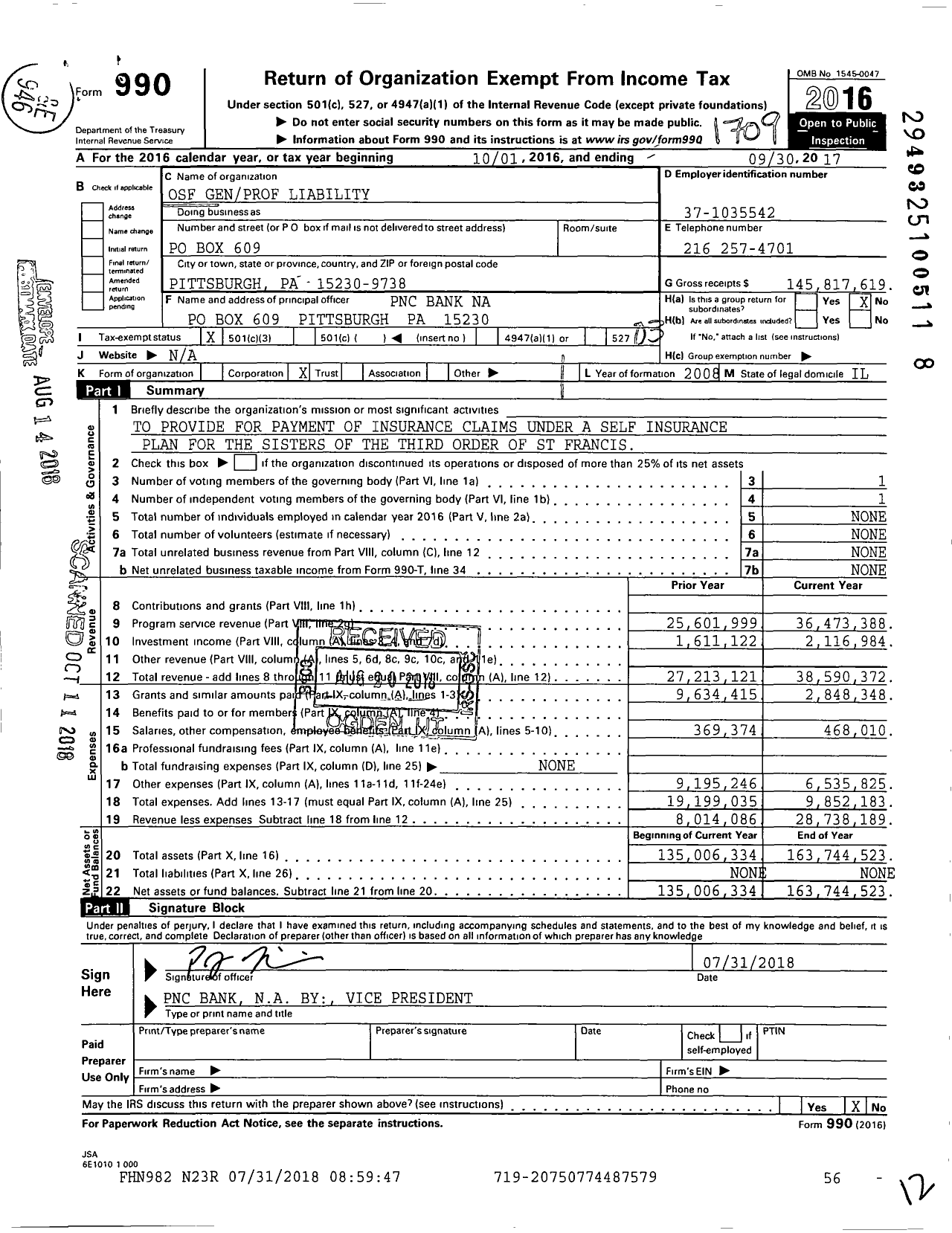 Image of first page of 2016 Form 990 for OSF Genprof Liability