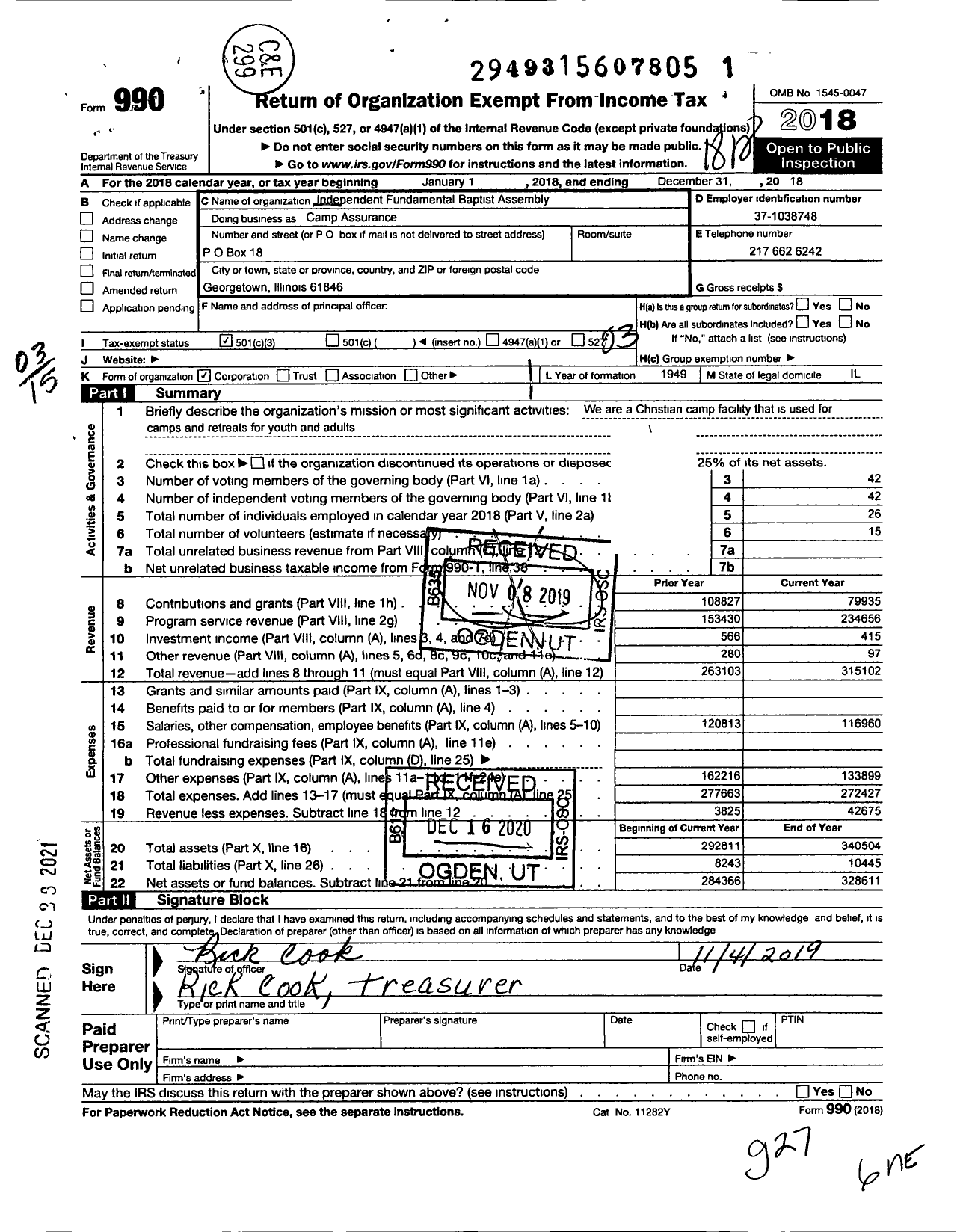 Image of first page of 2018 Form 990 for Baptist Camp Assurance Camp Assurance