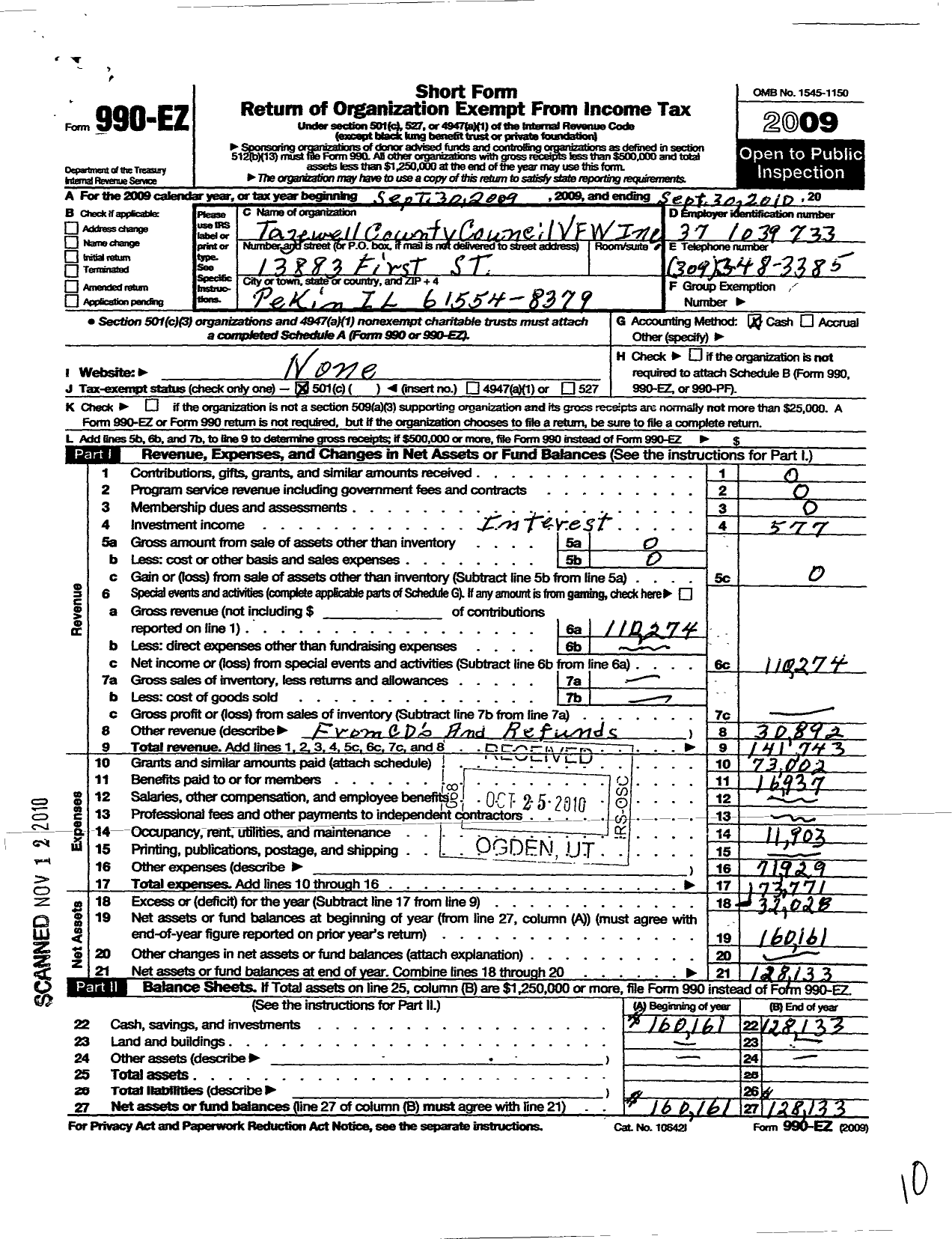 Image of first page of 2009 Form 990EO for VFW Dept of Illinois - Tazewell County Council
