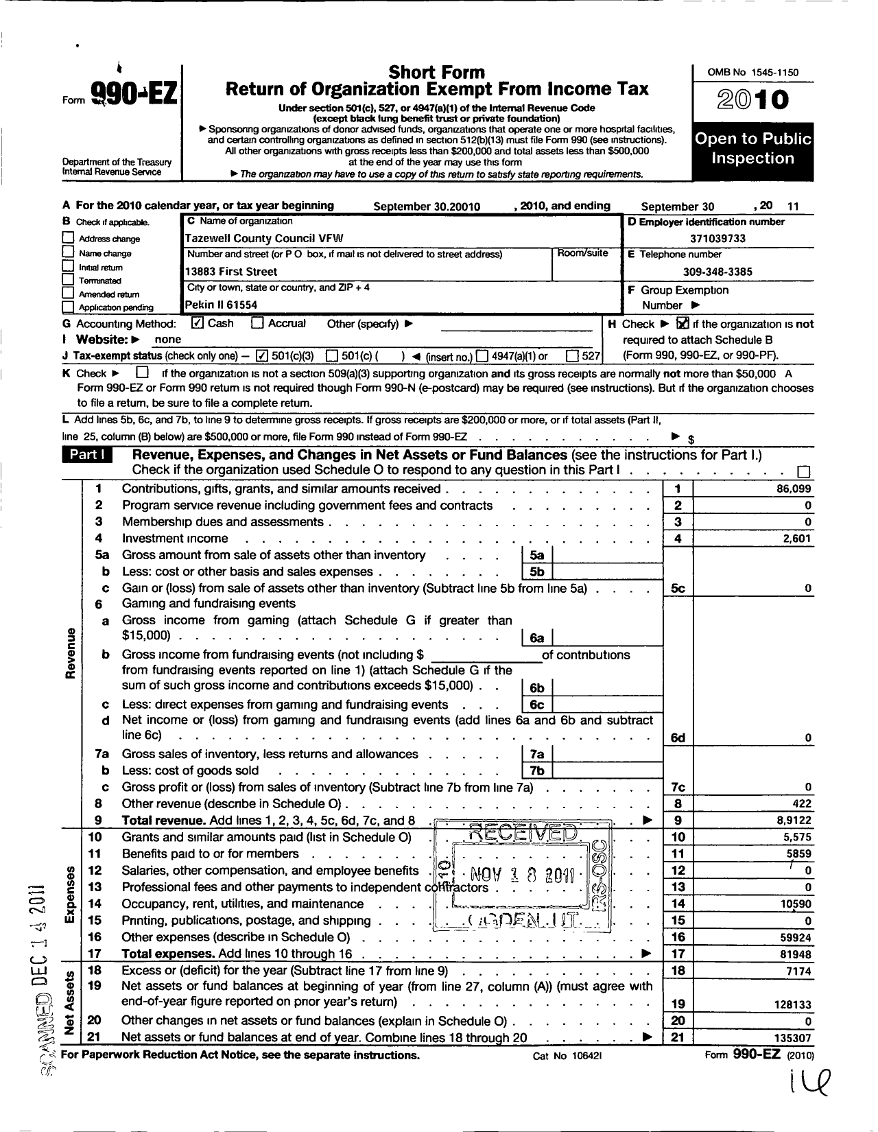 Image of first page of 2010 Form 990EZ for VFW Dept of Illinois - Tazewell County Council