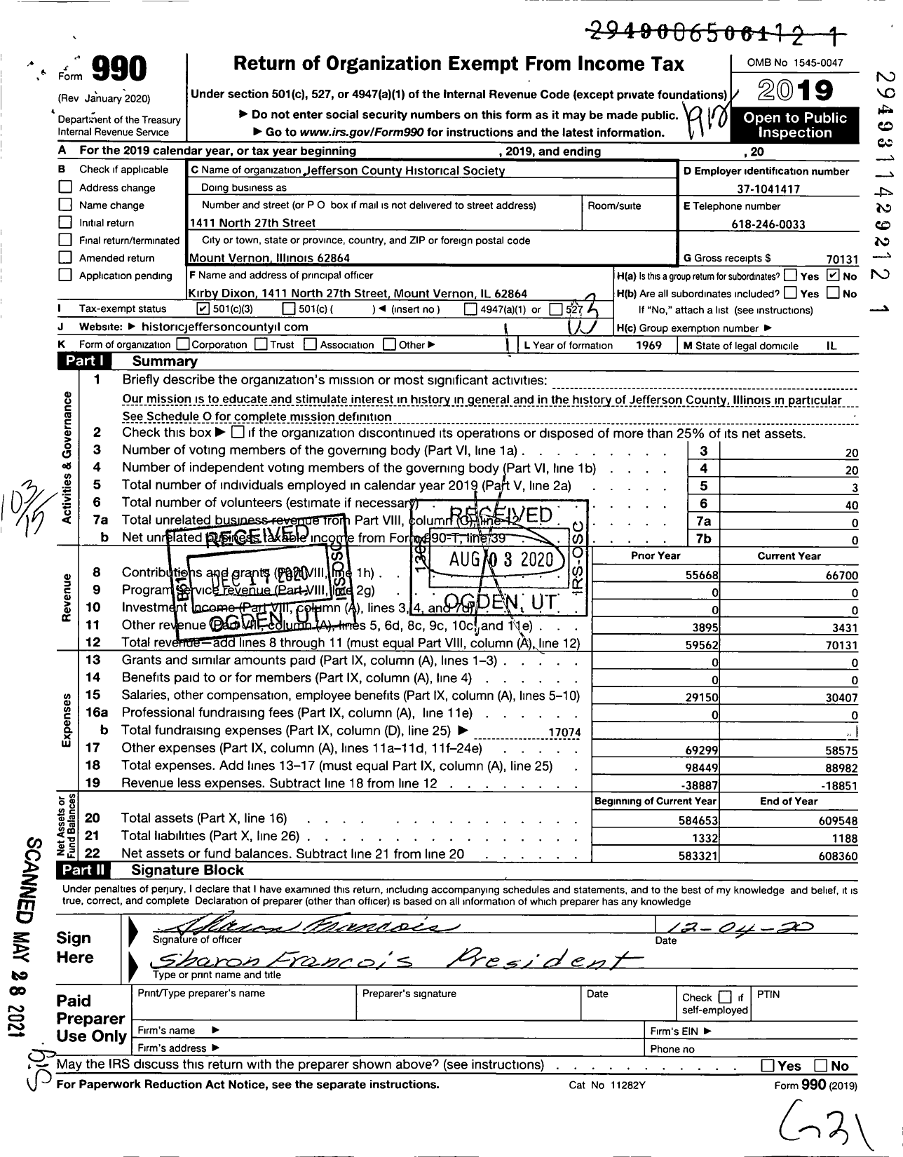 Image of first page of 2019 Form 990 for Jefferson County Historical Society