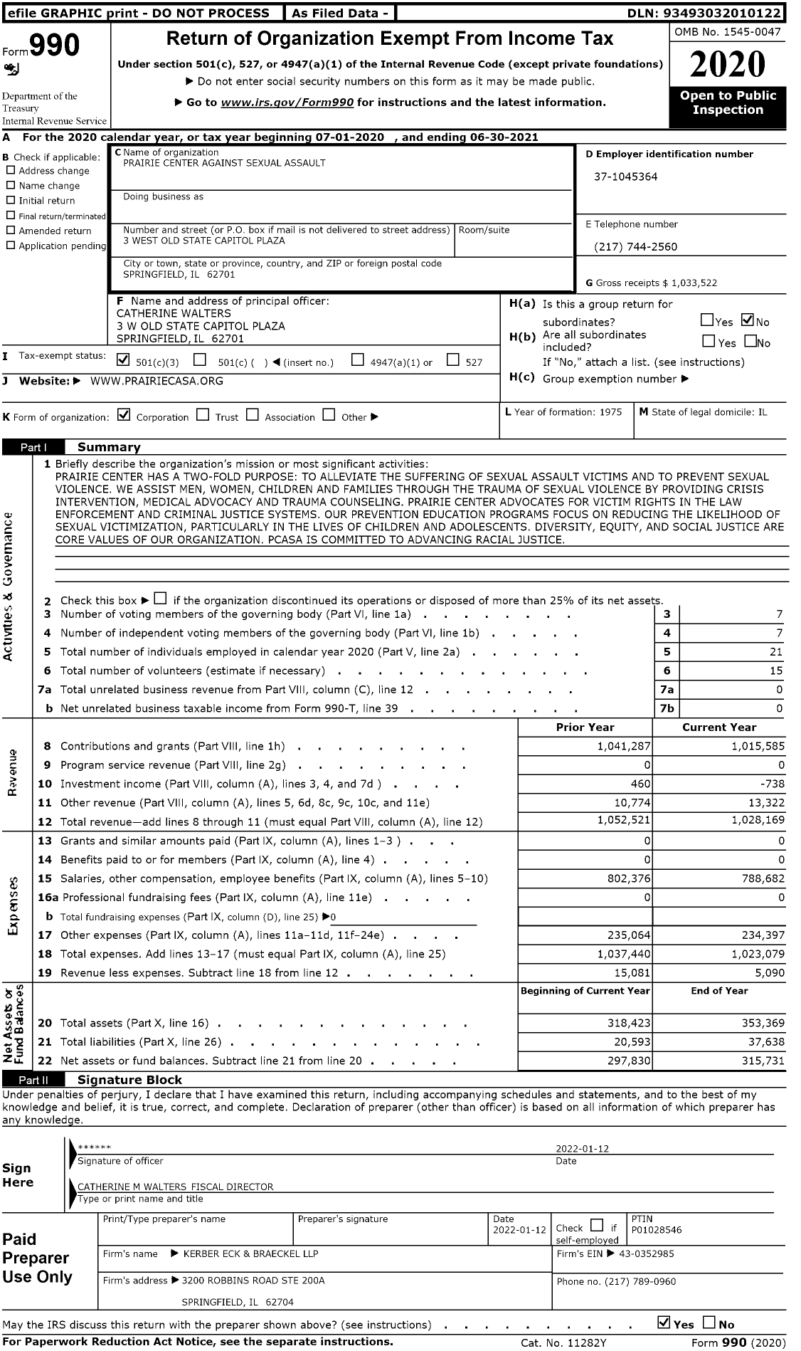 Image of first page of 2020 Form 990 for Prairie Center Against Sexual Assault