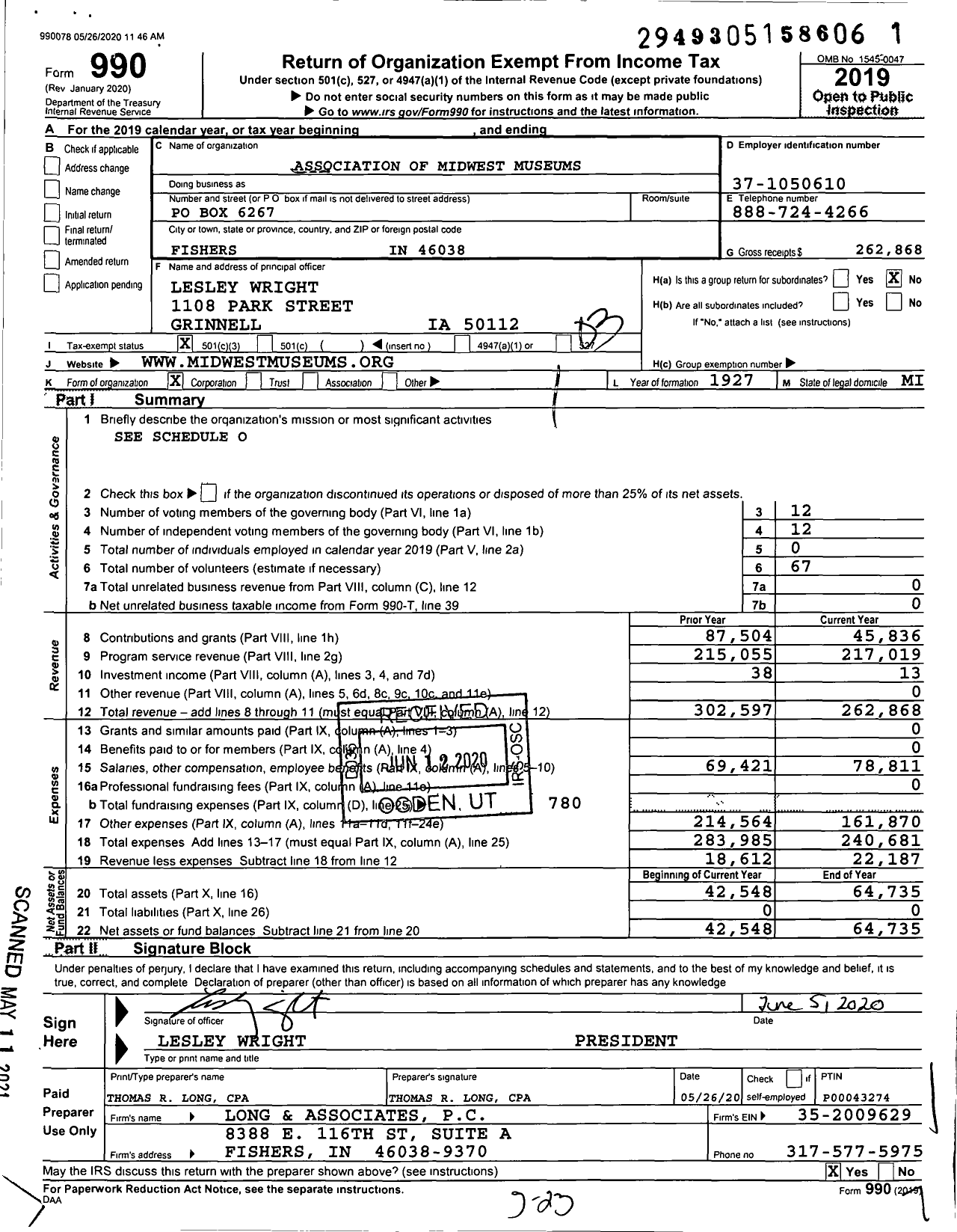 Image of first page of 2019 Form 990 for Association of Midwest Museums