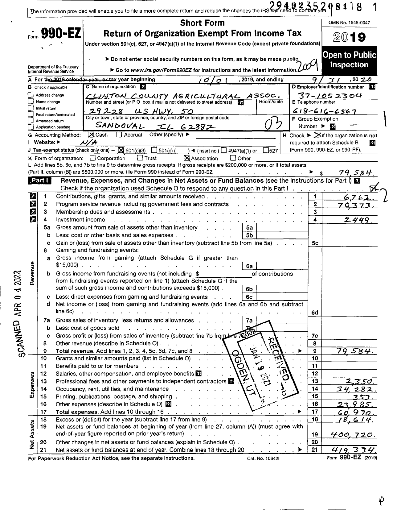 Image of first page of 2019 Form 990EZ for Clinton County Agricultural Association