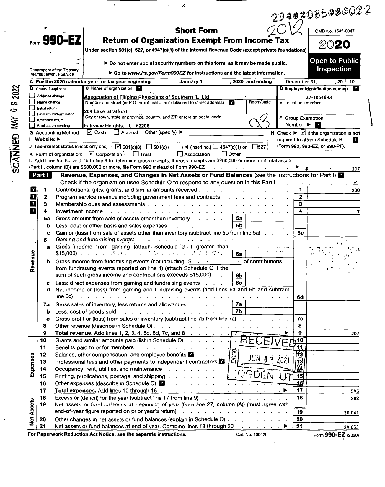 Image of first page of 2020 Form 990EZ for Association of Filipino Physicians of Southern Illinois