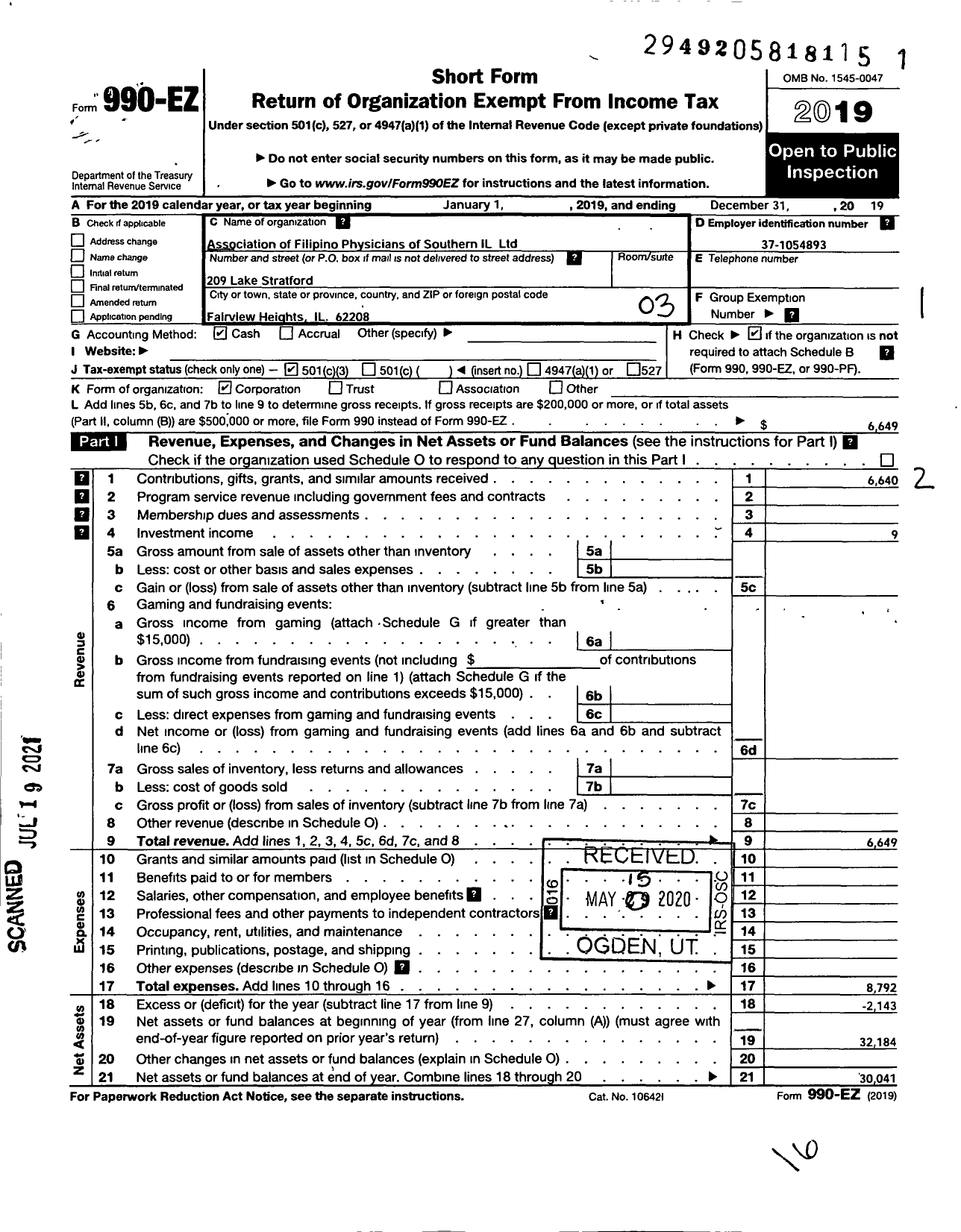 Image of first page of 2019 Form 990EZ for Association of Filipino Physicians of Southern Illinois