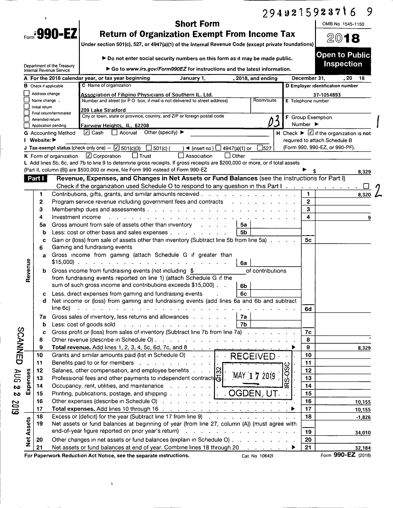 Image of first page of 2018 Form 990EZ for Association of Filipino Physicians of Southern Illinois