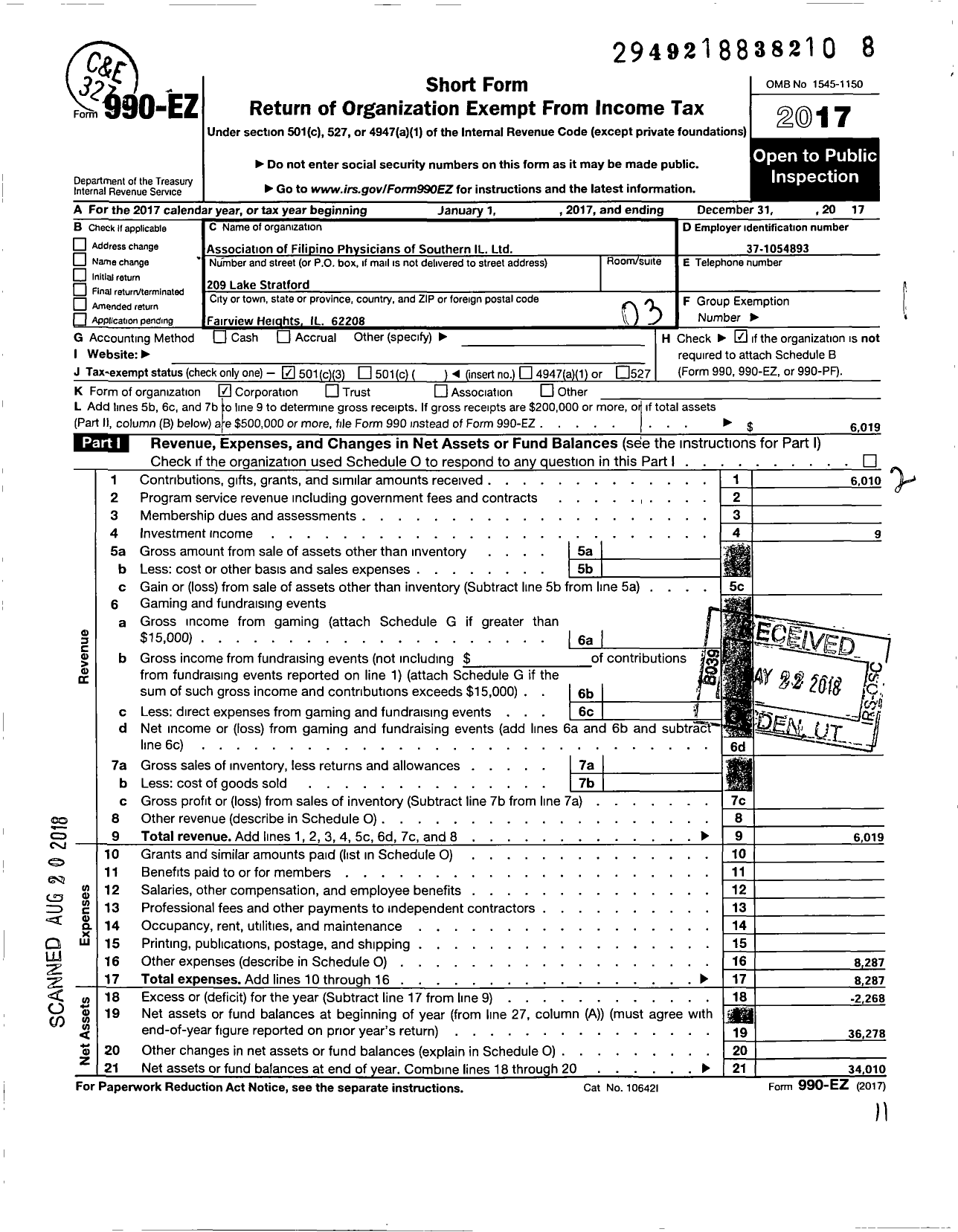 Image of first page of 2017 Form 990EZ for Association of Filipino Physicians of Southern Illinois