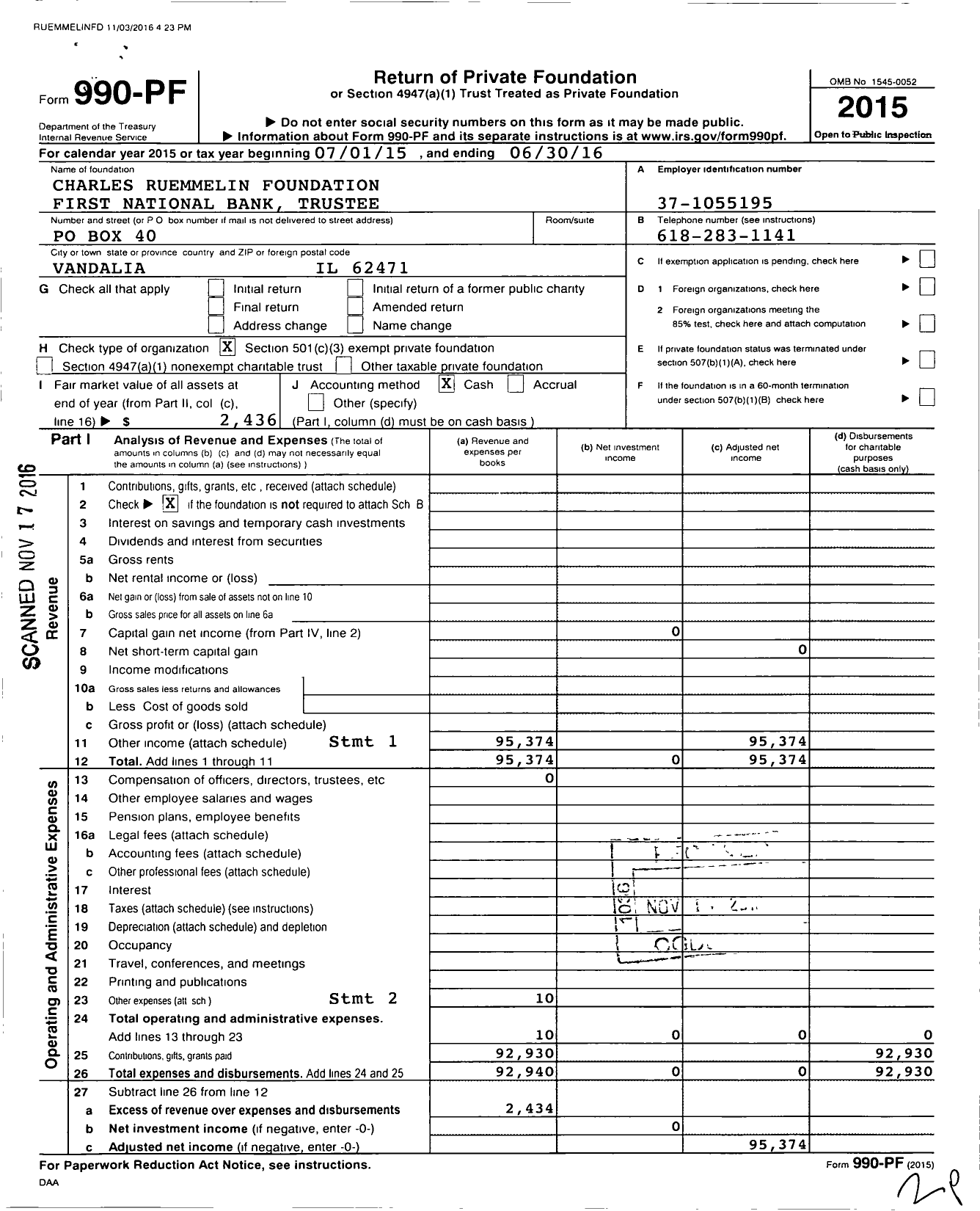 Image of first page of 2015 Form 990PF for Charles Ruemmelin Foundation the FNB Community Bank Trustee
