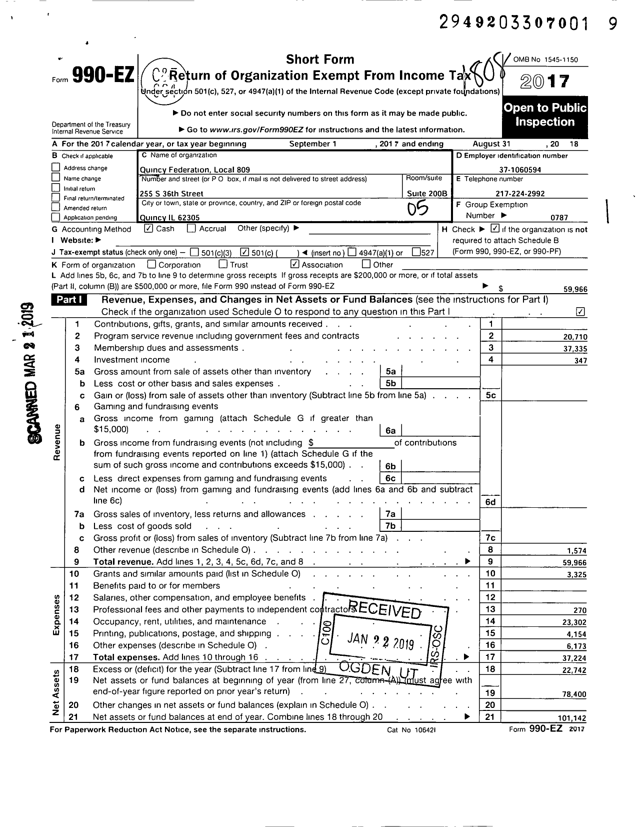 Image of first page of 2017 Form 990EO for AMERICAN Federation OF TEACHERS - 0809 Quincy