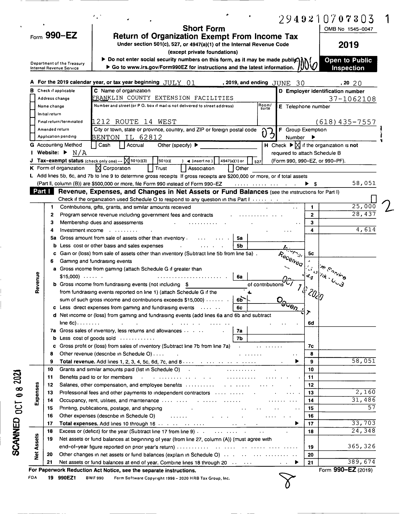 Image of first page of 2019 Form 990EZ for Franklin County Extension Facilities