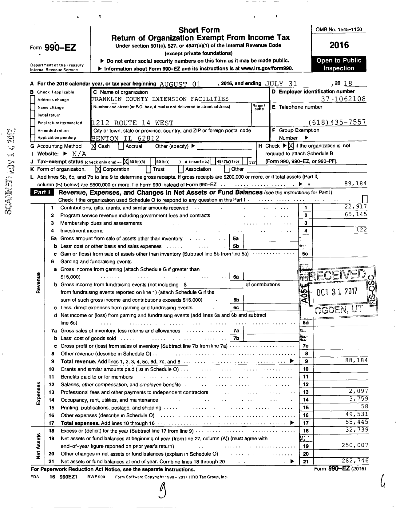Image of first page of 2017 Form 990EZ for Franklin County Extension Facilities