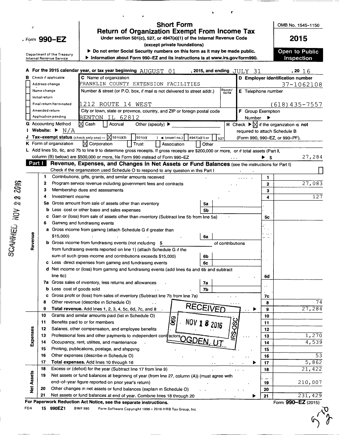 Image of first page of 2015 Form 990EZ for Franklin County Extension Facilities