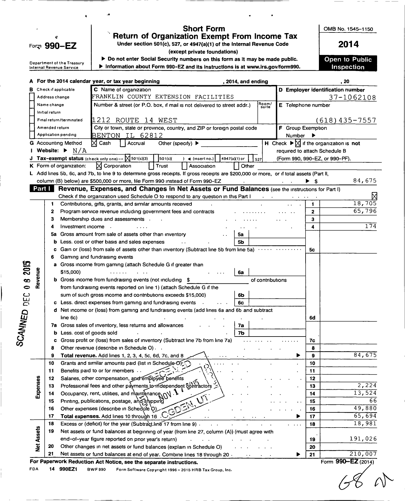 Image of first page of 2014 Form 990EZ for Franklin County Extension Facilities