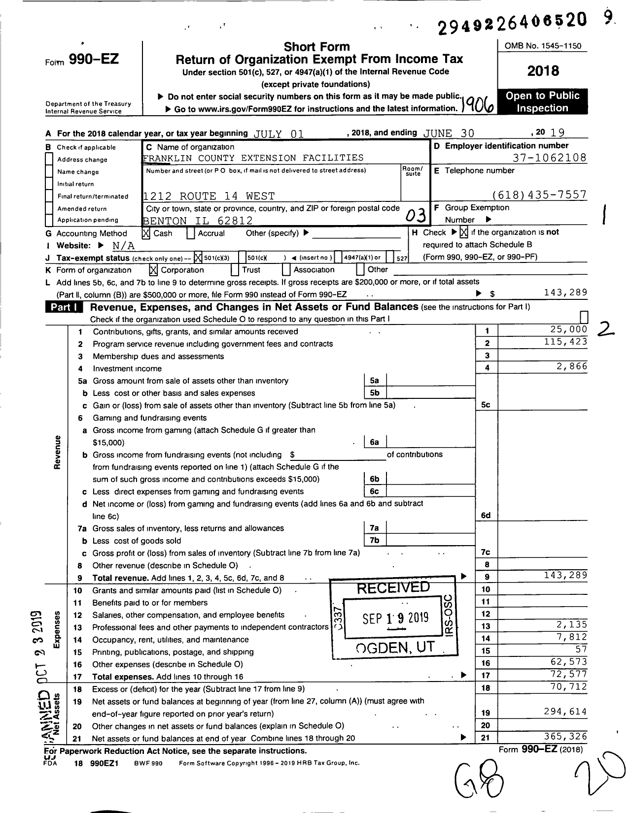 Image of first page of 2018 Form 990EZ for Franklin County Extension Facilities