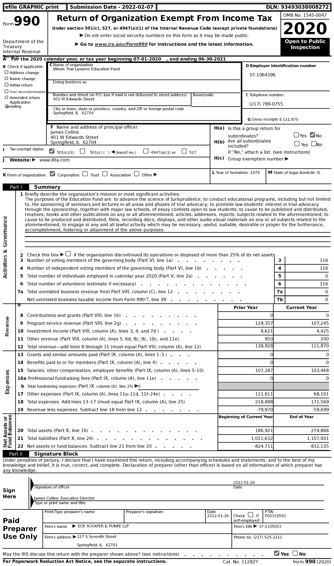 Image of first page of 2020 Form 990 for Illinois Trial Lawyers Education Fund